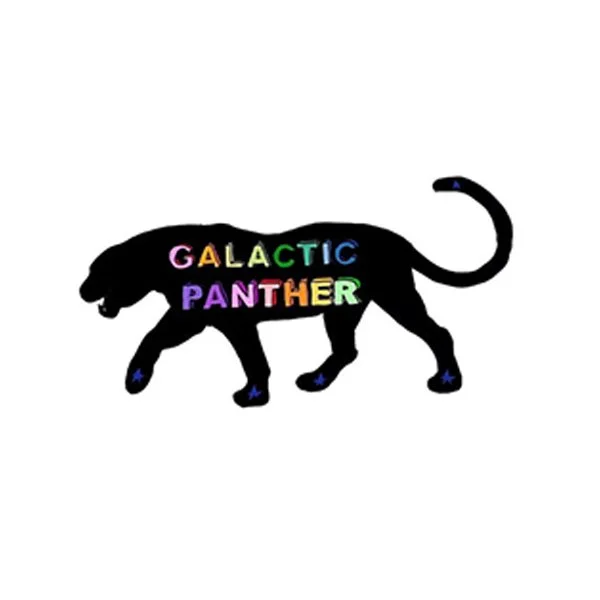 Black panther silhouette with colorful letters spelling 'GALACTIC PANTHER' inside its body, against a white background.