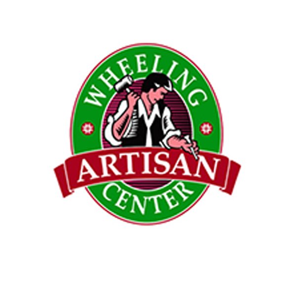 Logo for Wheeling Artisan Center featuring a woman with a hammer and a chisel in a circle with green and red colors.