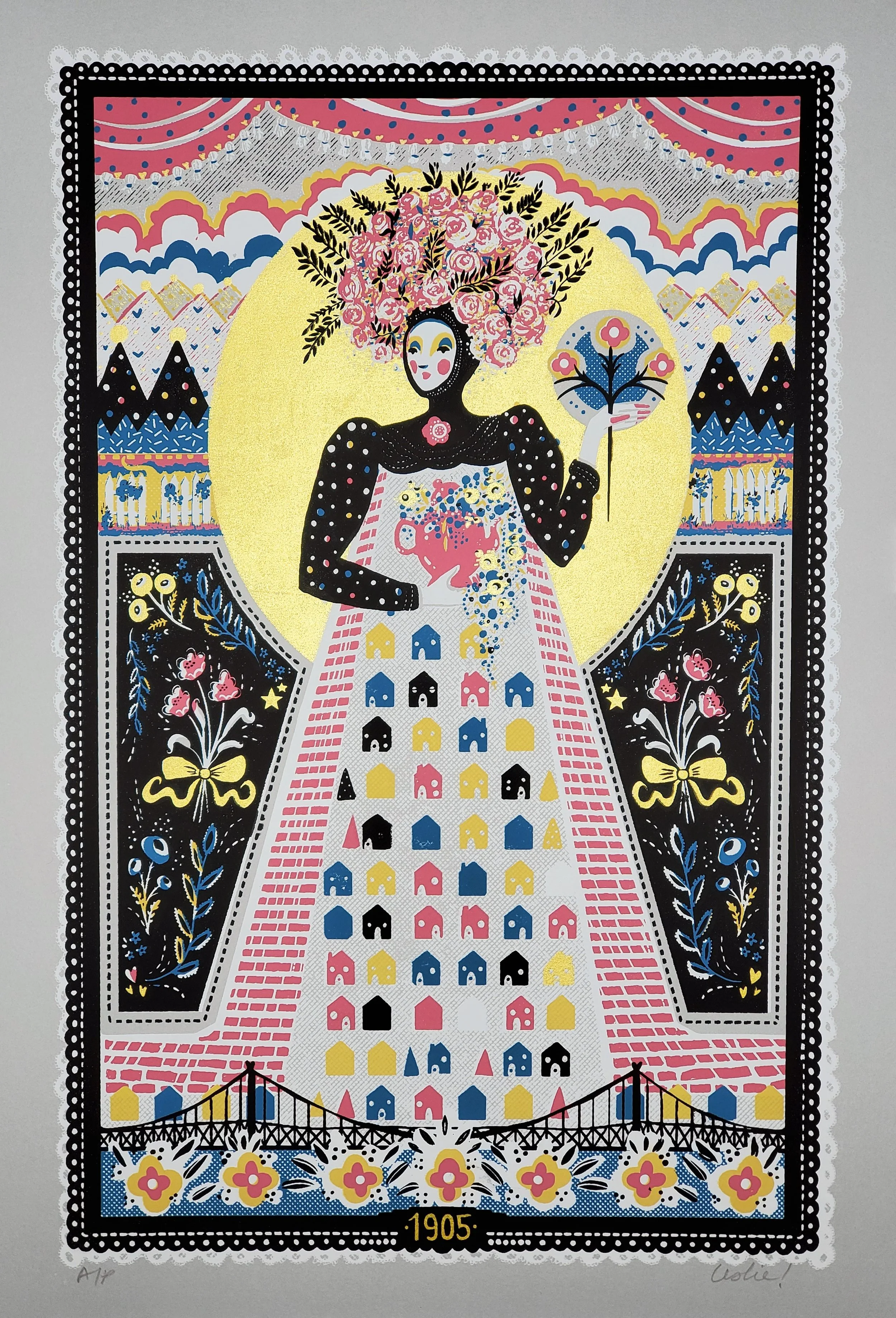 A colorful, stylized poster featuring a woman with a large floral headdress, holding a bouquet in one hand and a teapot in the other, with a backdrop of mountains, trees, a bridge, and patterned borders. The year 1905 is displayed at the bottom.