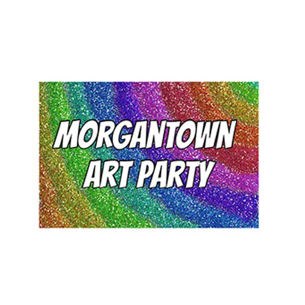 Colorful glitter background with text 'Morgantown Art Party' in bold white letters.