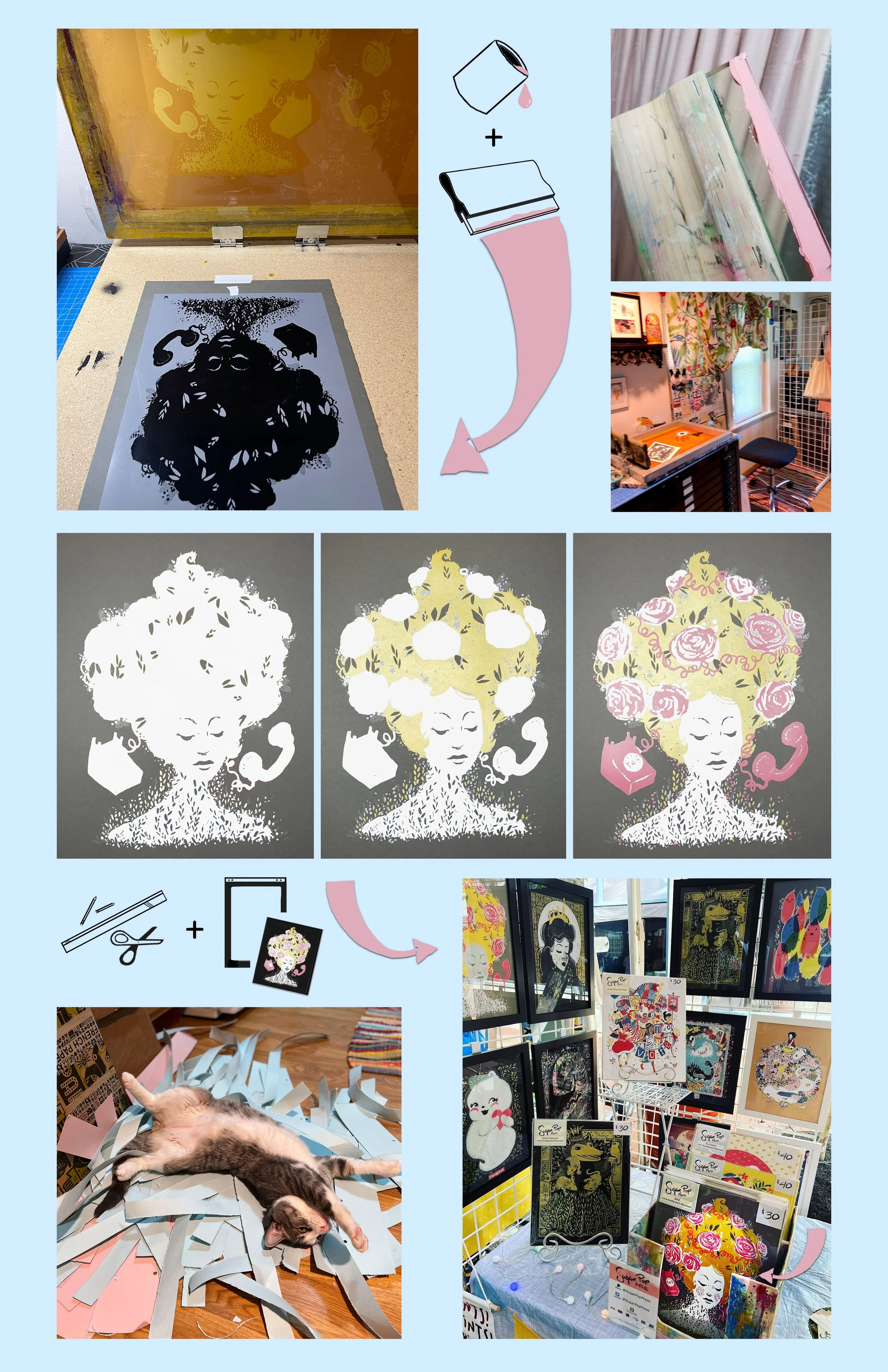 A step-by-step art project involves creating a paper cutout, starting with a black silhouette, then adding colors and details. The final artwork features a woman with cloud-like hair decorated with roses, and includes photos of a cat lying on torn paper, an art gallery display of completed pieces, and various art supplies.