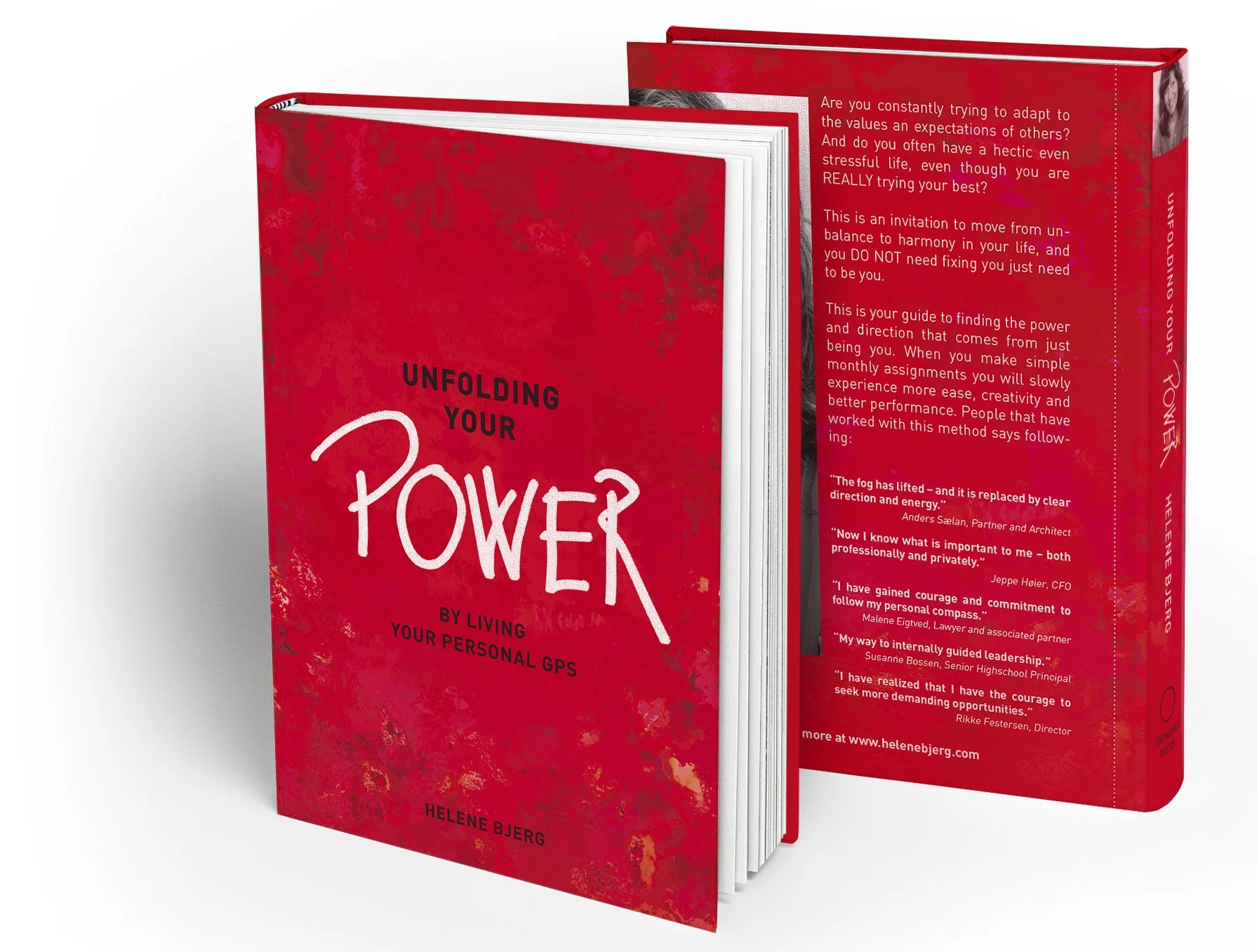 Book titled "Unfolding Your Power" by Helene Bjerg, with a quote on the back cover about personal growth and empowerment.