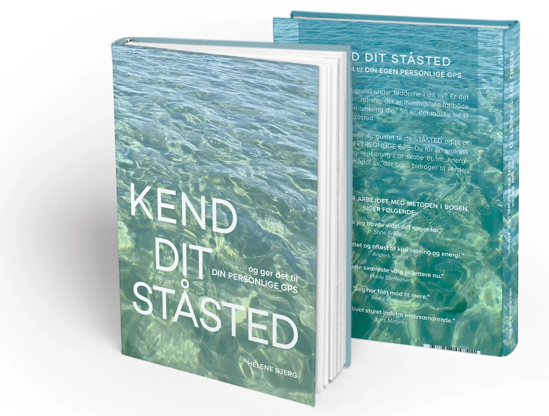 Book titled 'KEND DIT STÅSTED og gør det til DIN PERSONLIGE GPS' by Helene Bjerg with a cover featuring an underwater water scene with ripples and light reflections.