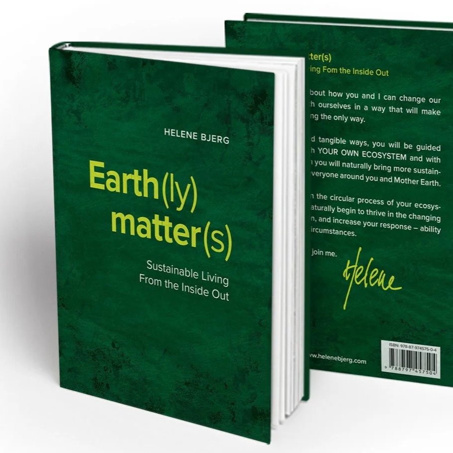 Book titled 'Earth(ly) matter(s): Sustainable Living From the Inside Out' by Helene Bjerg, with pages slightly open showing the back cover and the front cover.