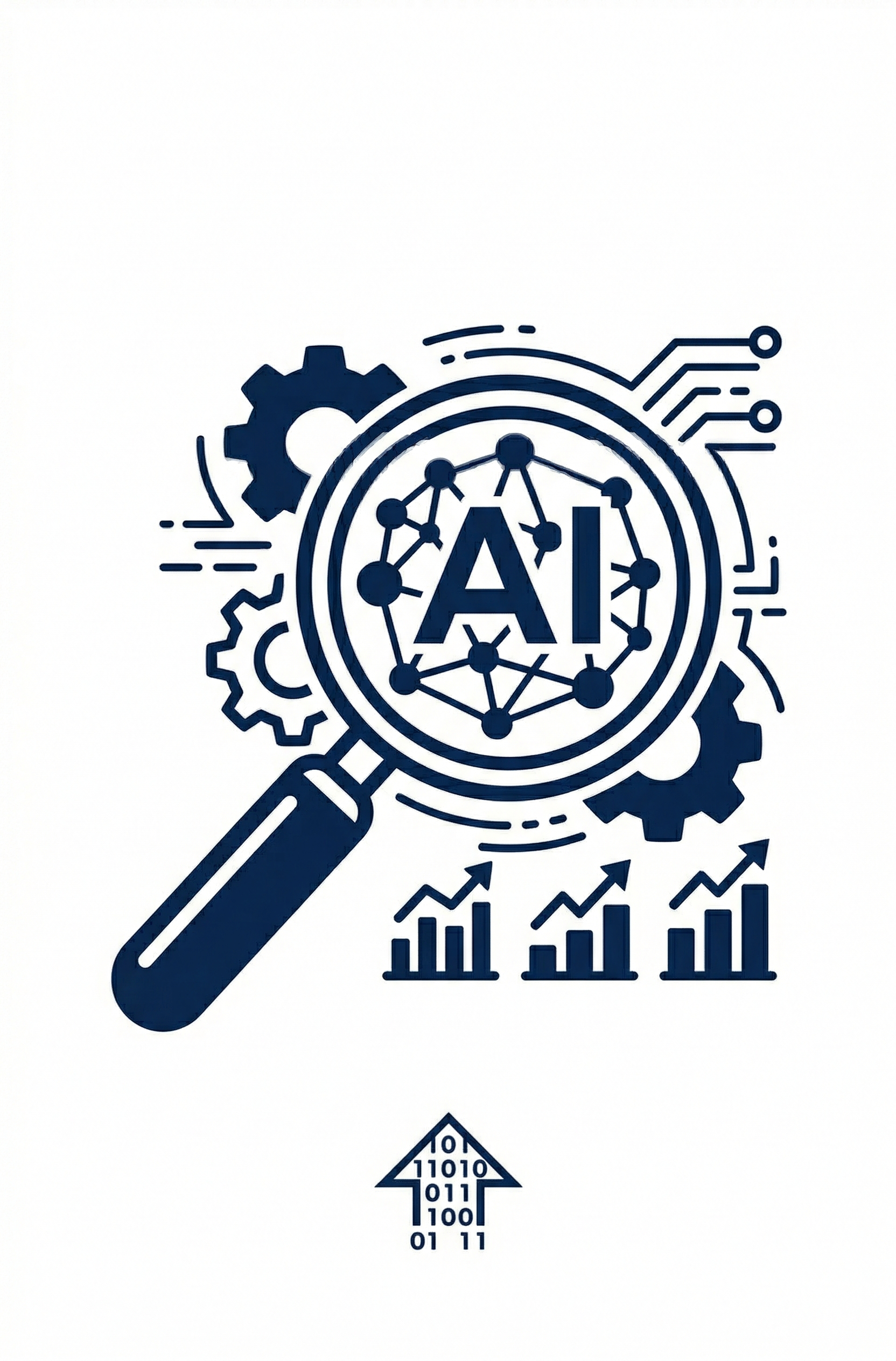 Illustration of artificial intelligence (AI) with a magnifying glass, gears, circuit lines, and increasing bar graphs, with binary code arrow below.