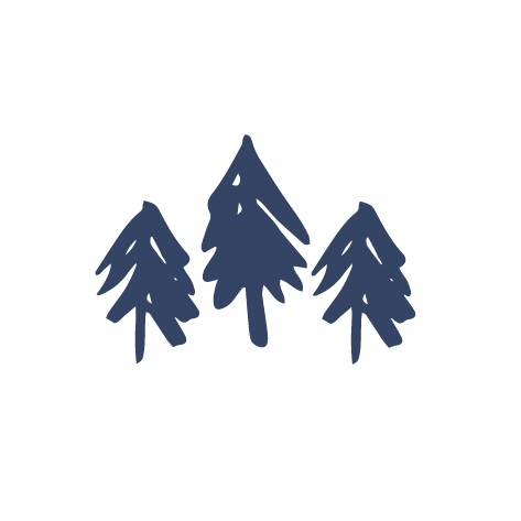 Three stylized pine trees in white representing the landscape of Wapiti Valley, Wyoming.