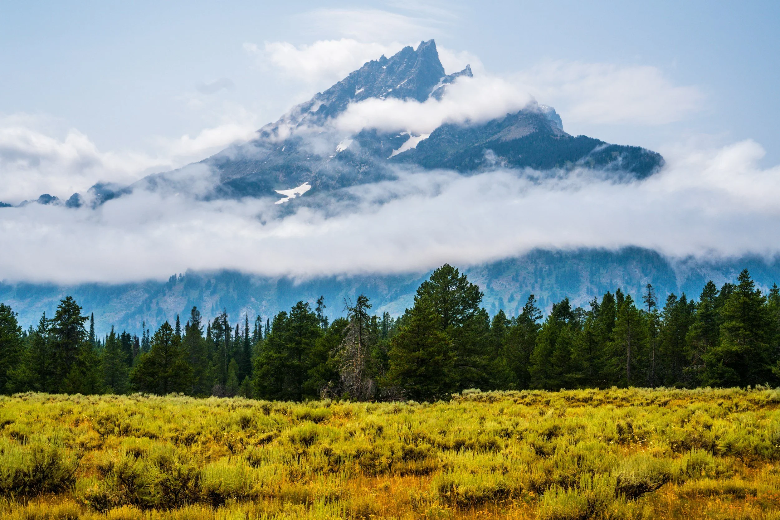 A mountain with snow and rugged peaks rising above a forest and yellow grassy field, with clouds surrounding the mountain peaks.