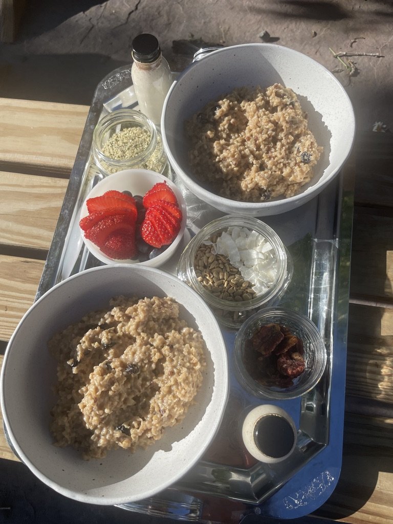 Oatmeal in bowls with sliced strawberries, sunflower seeds, chopped white coconut, and dried fruit, served on a metal tray. In-dome meal preparation and catering are available at Pure Heart Retreat.