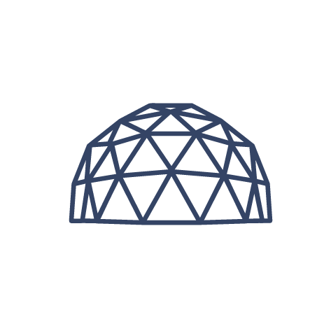 A blue geometric dome structure representing the 4 domes and yoga dome at Pure Heart Retreat in Wapiti Valley, Wyoming.