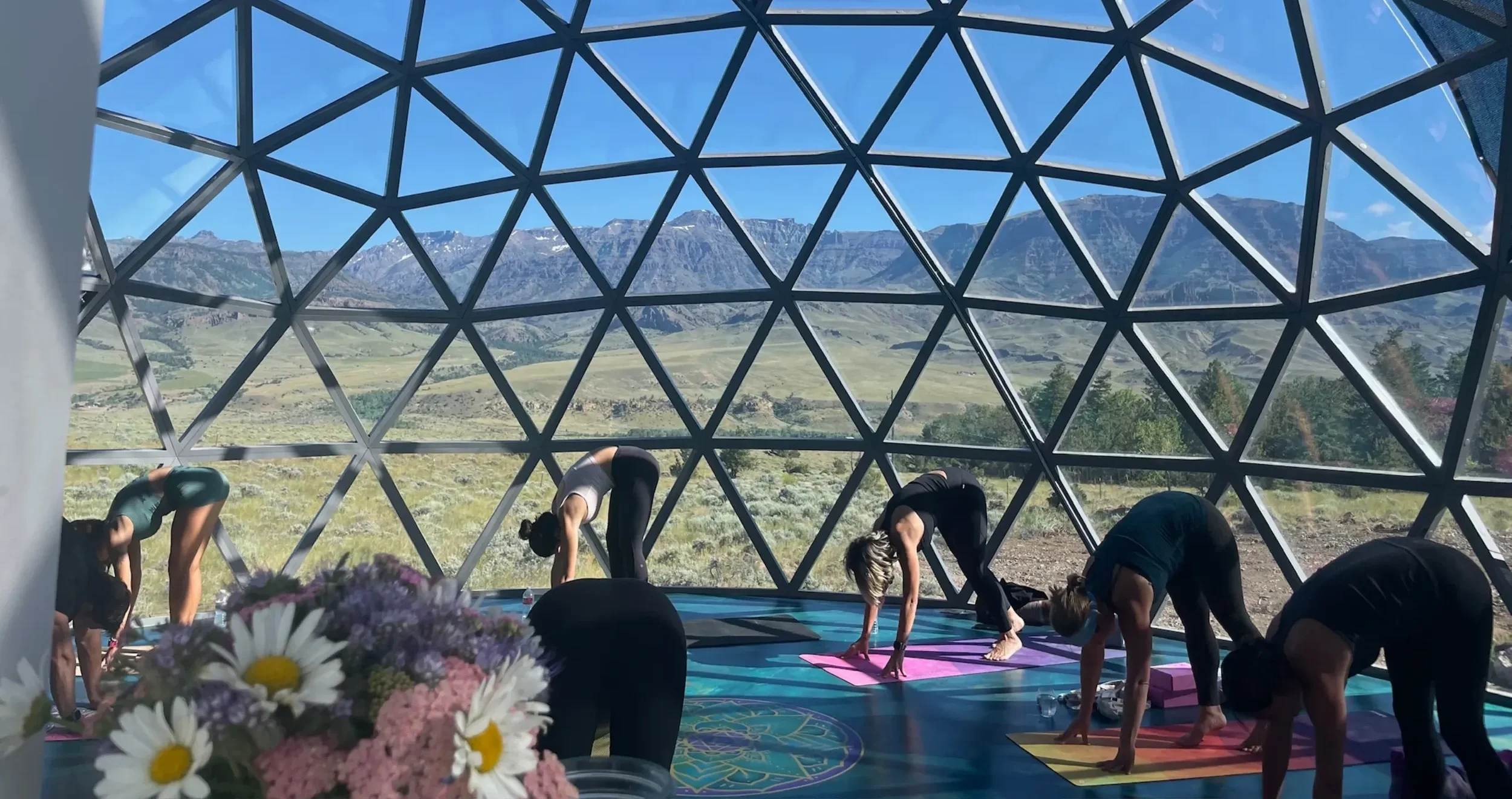 A geodesic dome 30 ft yoga studio with large glass windows situated in a green mountainous landscape with trees and rocks at Pure Heart Retreat in Wapiti Valley, Wyoming.