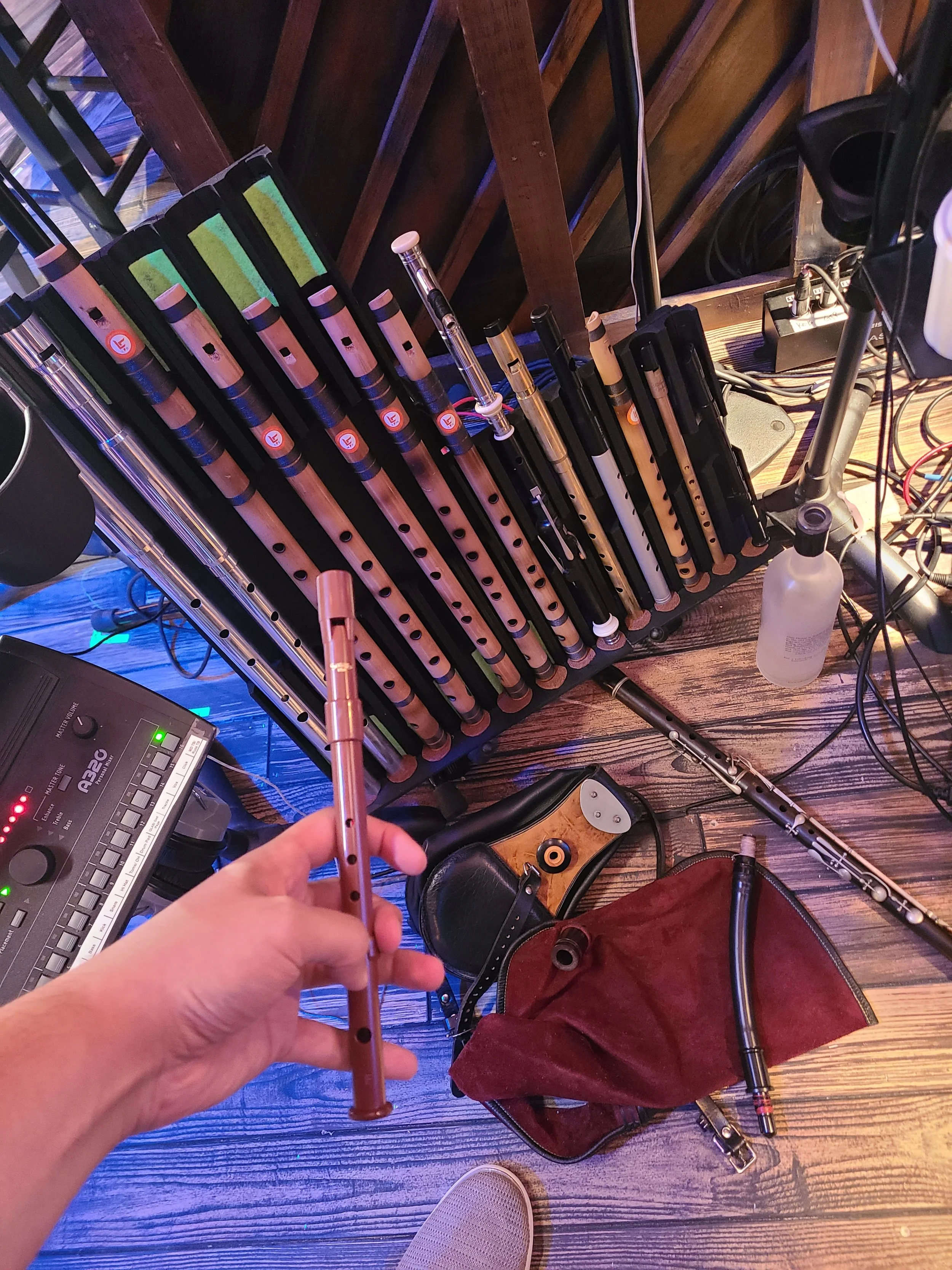 Complete Come From Away CFA whistle set with Irish flutes, whistles, and uilleann pipes rental for theaters