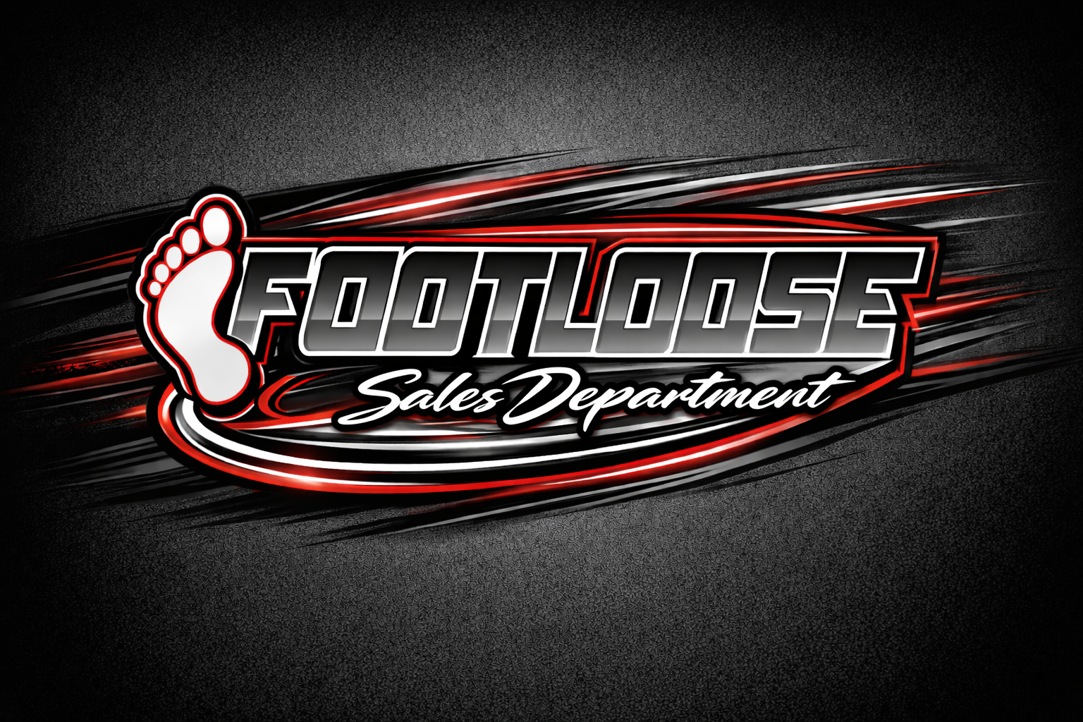 Logo for Footloose Sales Department featuring a stylized white foot with red outline, black, white, and red streaks, and bold gray text.
