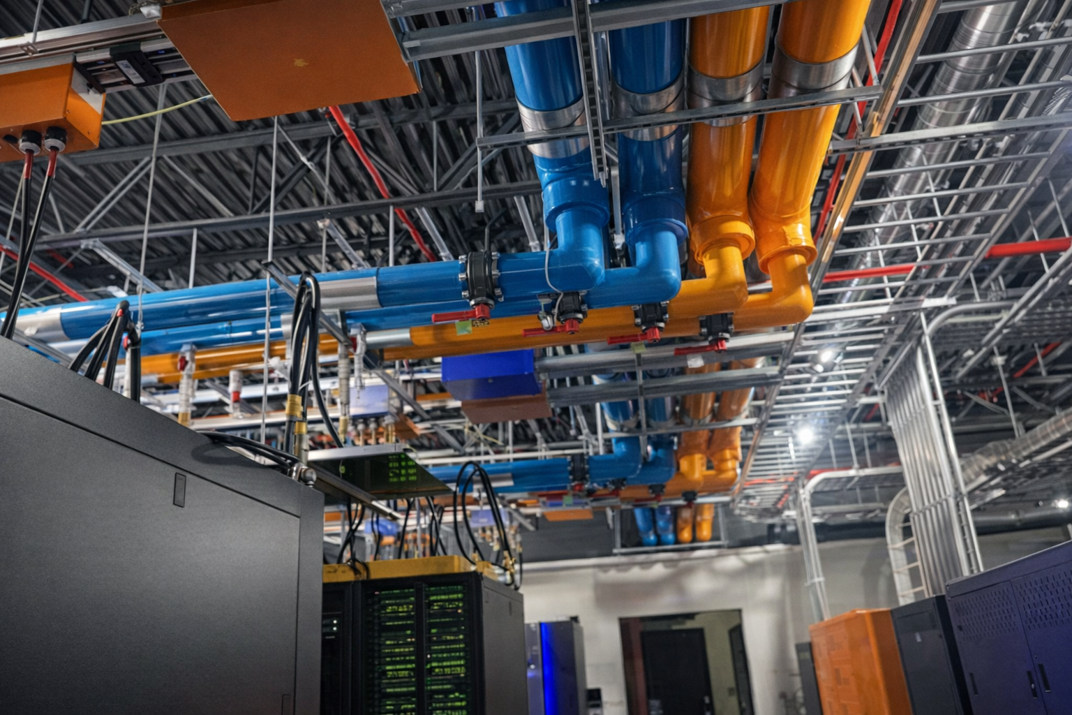 Ceiling of a data center with blue and orange pipes, metal framing, and electrical cables.