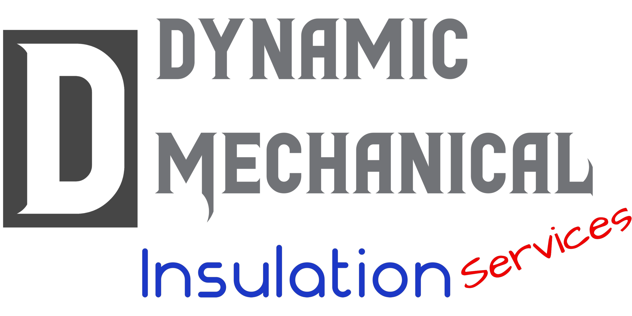 Logo for Dynamic Mechanical Insulation Services with a gray D in a square, the words 'Dynamic Mechanical' in gray, 'Insulation' in blue, and 'services' in red cursive.