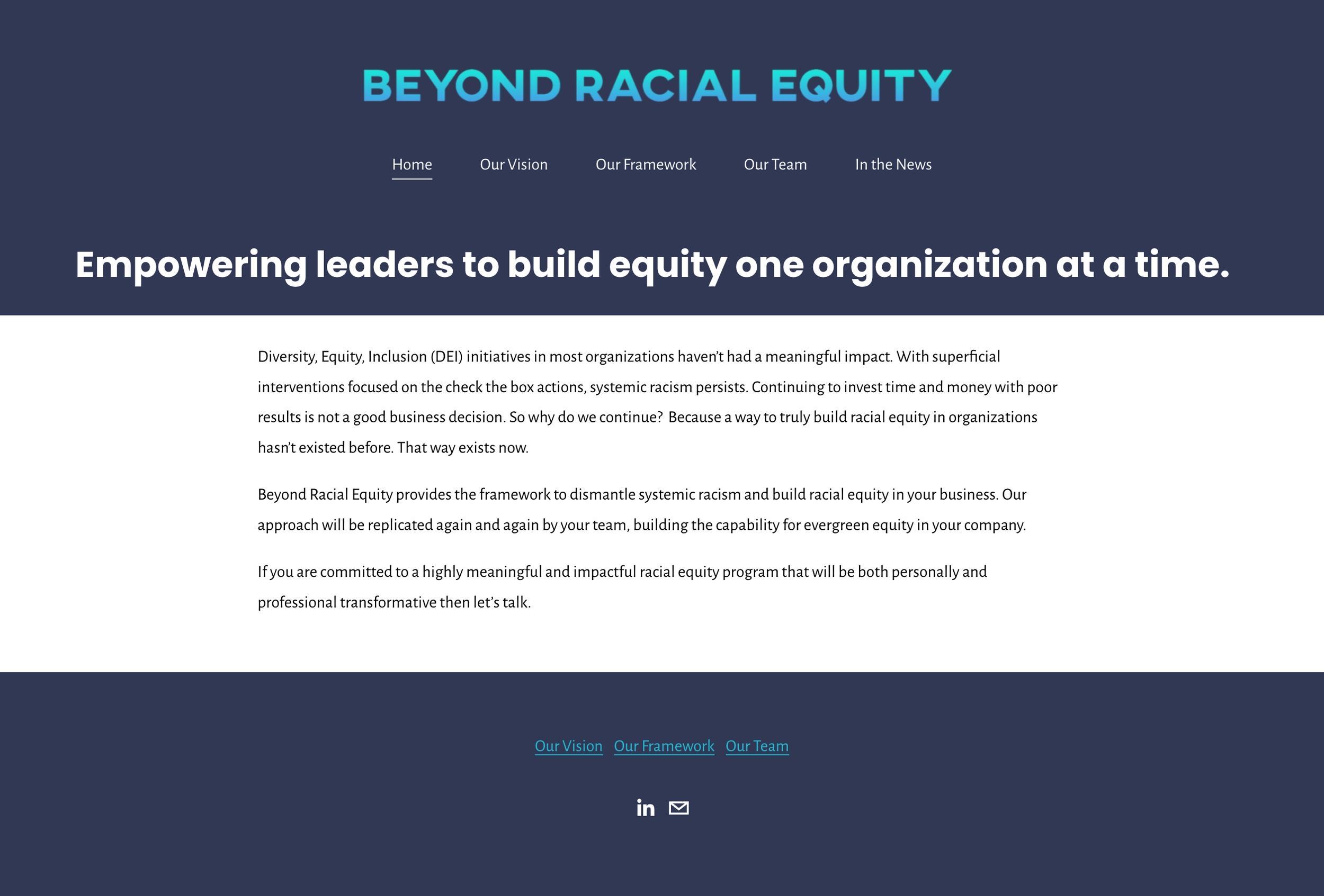 Homepage of Beyond Racial Equity website with navigation menu, main heading 'Empowering leaders to build equity one organization at a time', and introductory text about diversity, equity, inclusion initiatives.