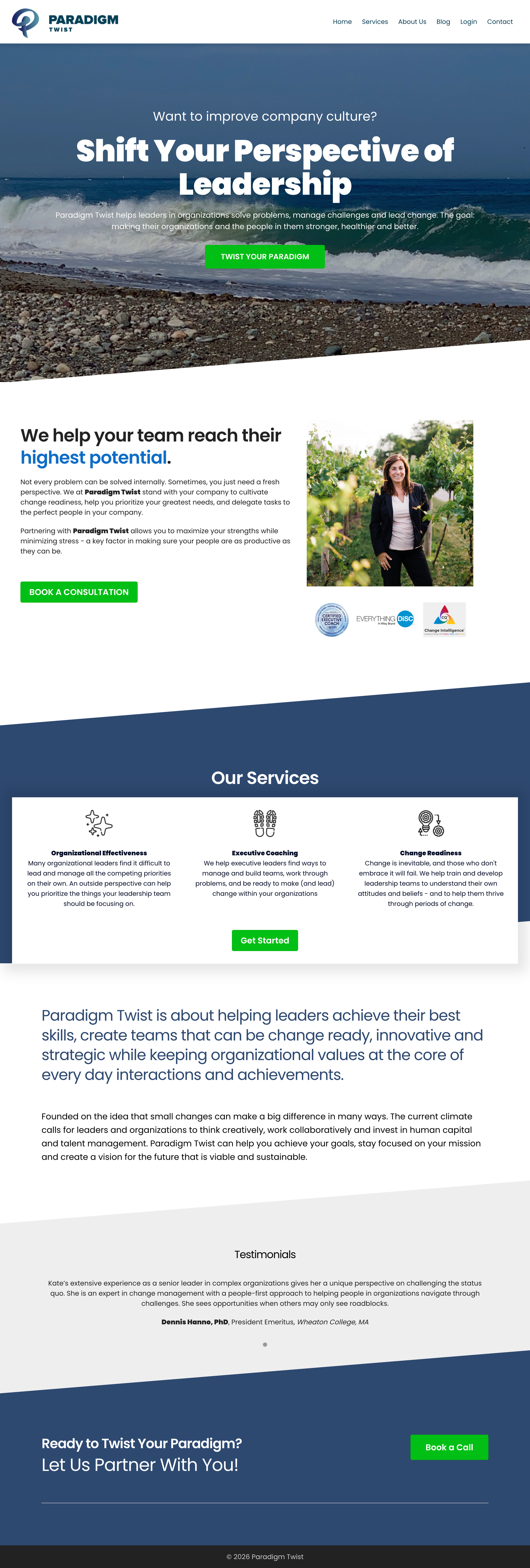 Webpage of Paradigm Twist company with a beach background, promoting leadership coaching and organizational effectiveness services.