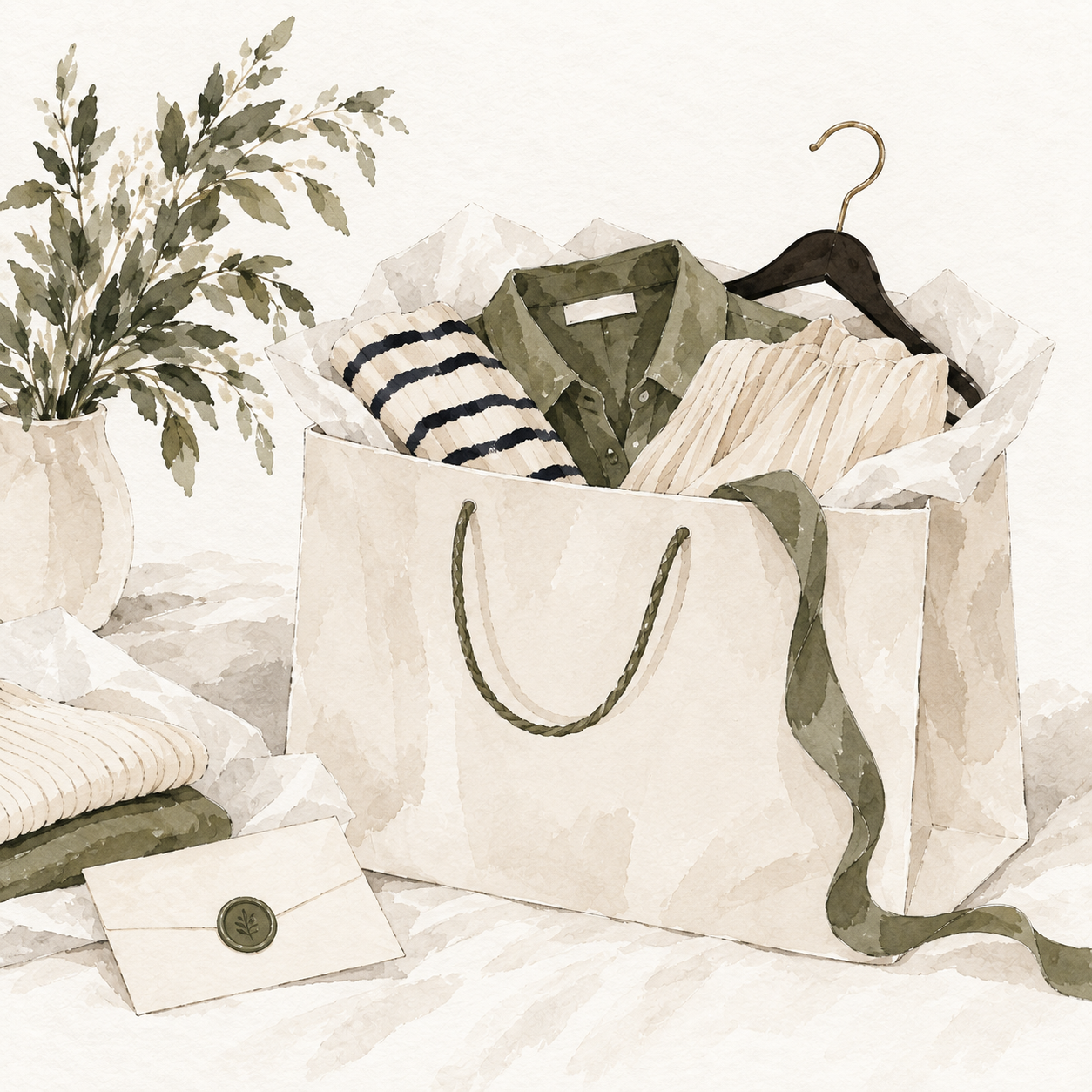 A paper gift bag containing folded clothing, including a green shirt and striped and pleated beige garments, next to an envelope with a wax seal, on a surface with a potted plant nearby.