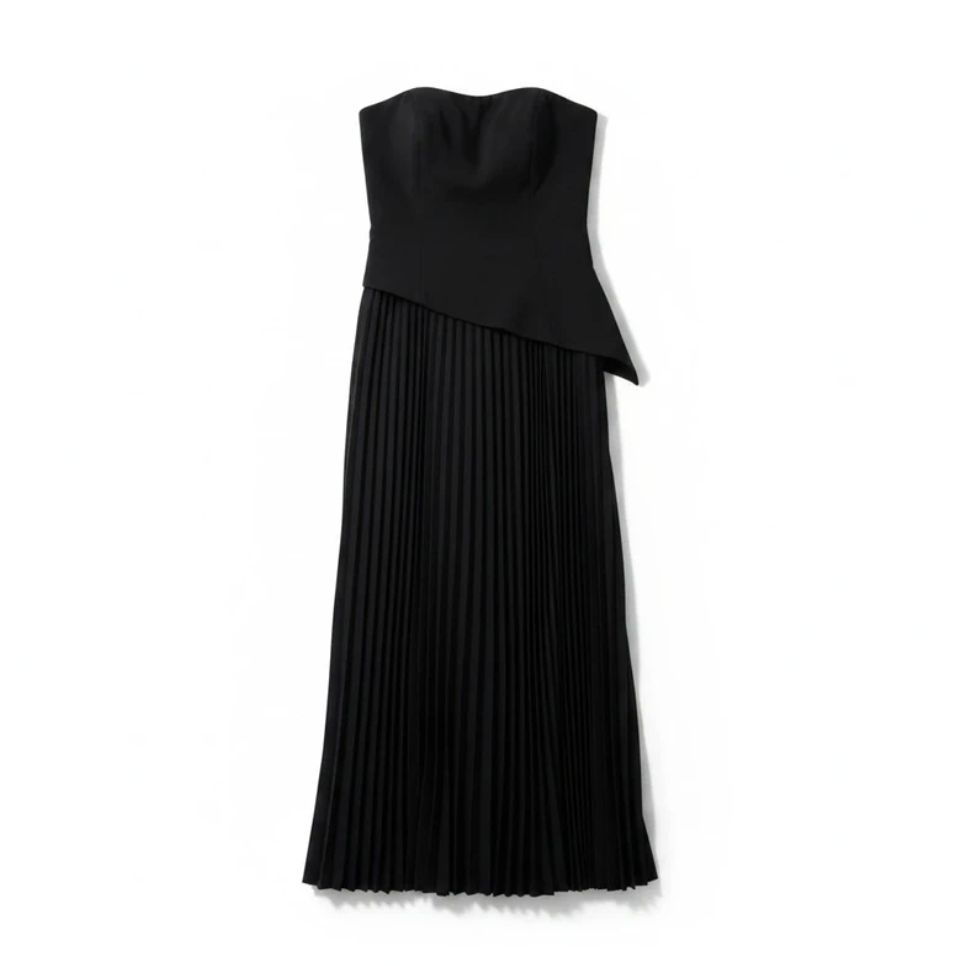 Commense Pleated Strapless Split Maxi Dress Black Size M UK 10 Bandeau Evening Occasion