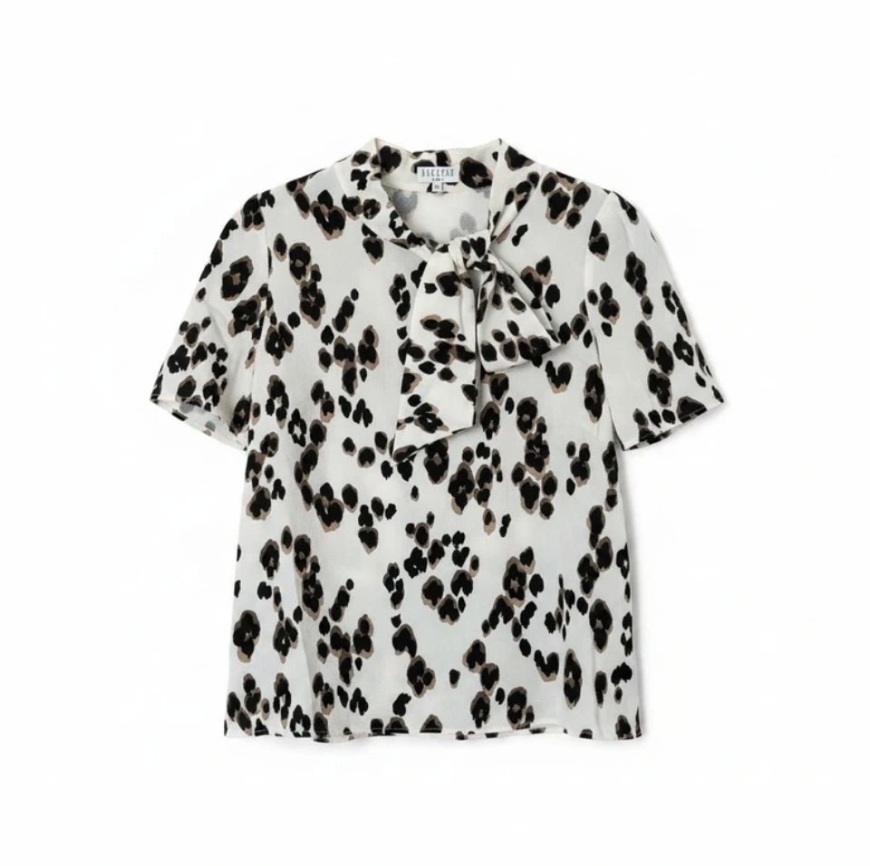 Claudie Pierlot Leopard Print Blouse FR 38 UK 10 Pussy Bow Tie Neck Top