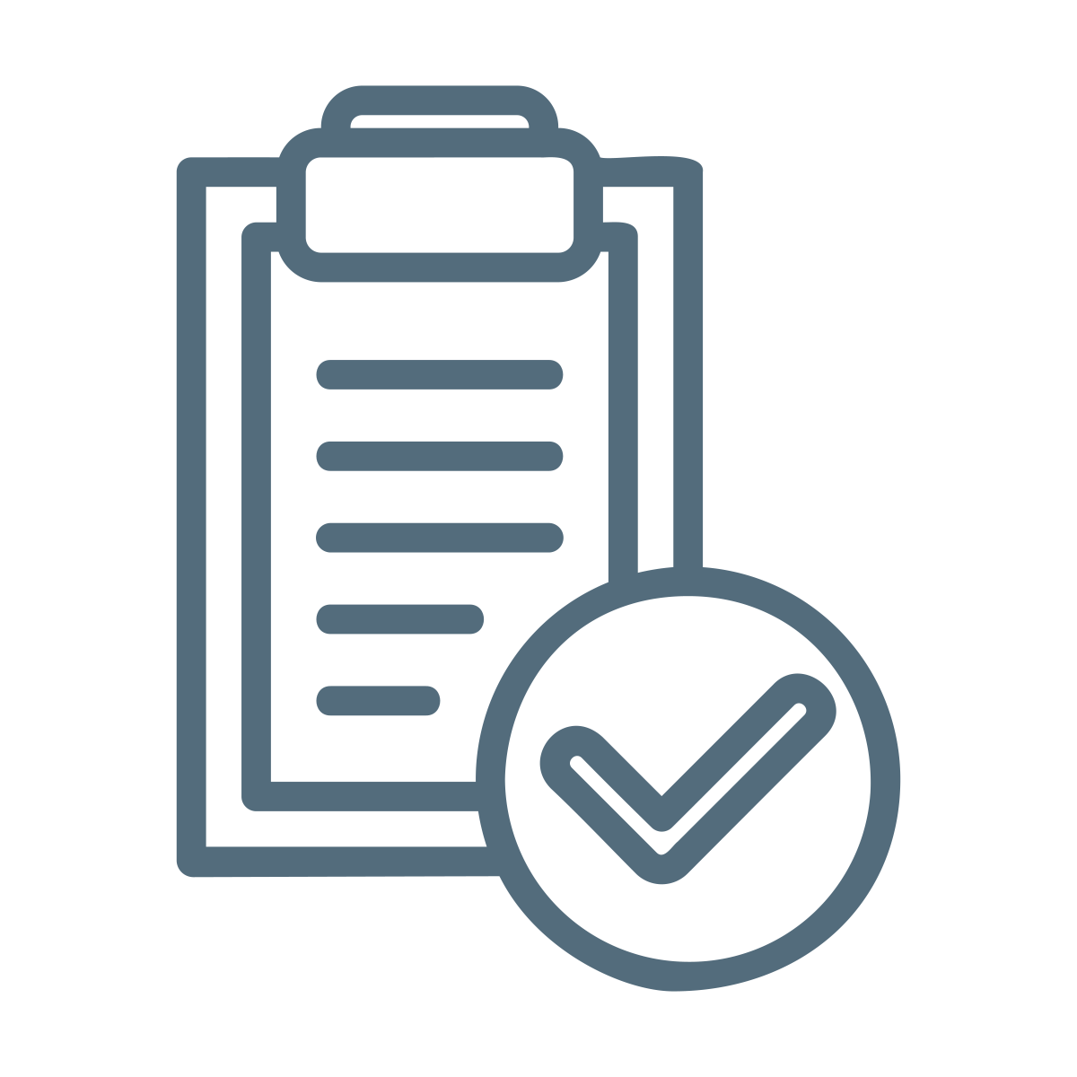 Outline of a clipboard with a list and a checkmark symbol in a circle.