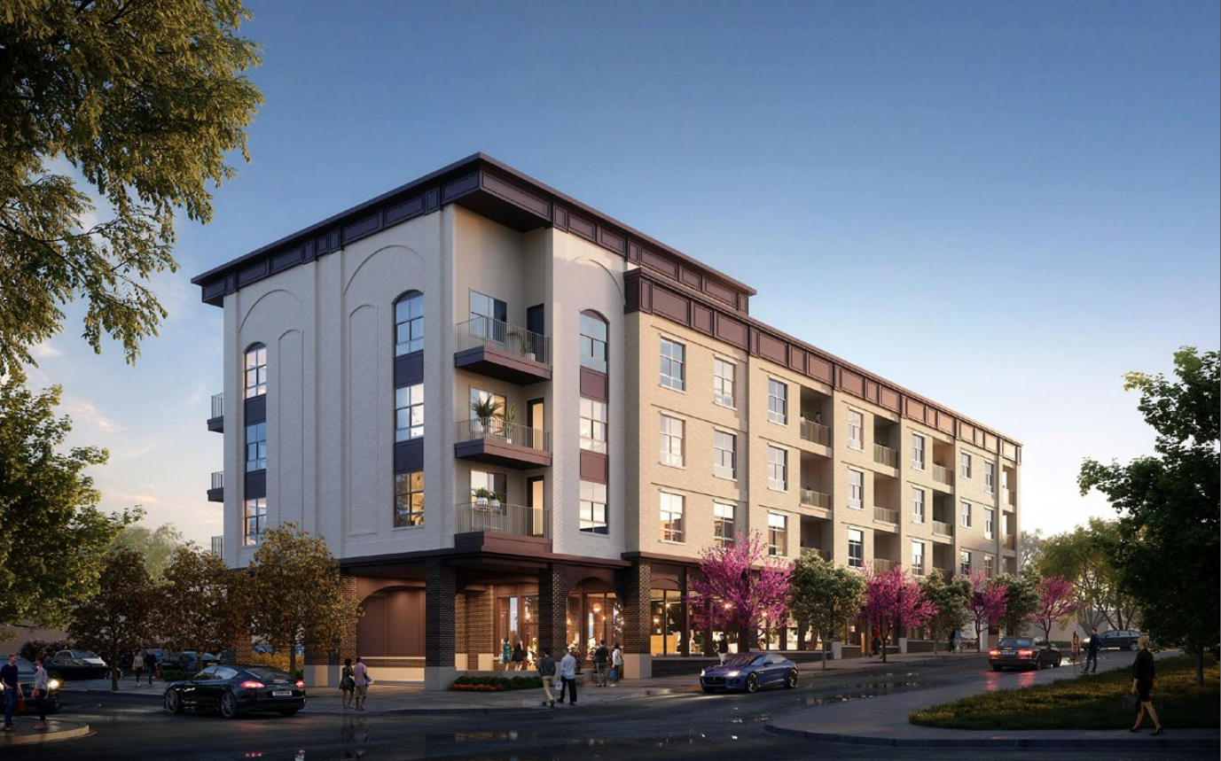 Rendering of a modern multi-story residential or commercial building with brick and stucco exterior, with balconies and large windows, surrounded by trees and people walking on the street during daytime.