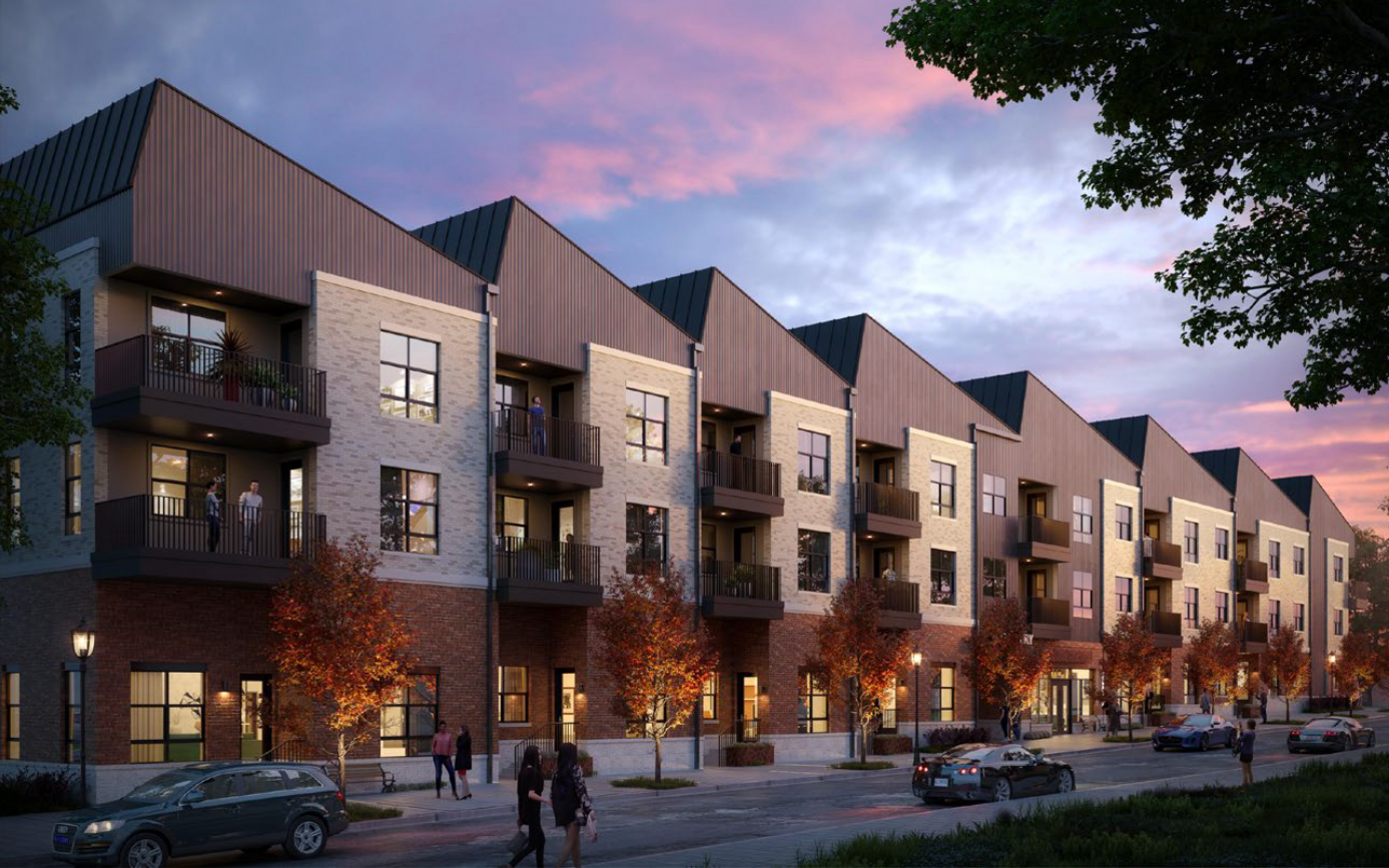 Nighttime view of a modern multi-story apartment building with lit windows and outdoor lighting, trees lining the sidewalk, and people walking, with cars parked and driving on the street.