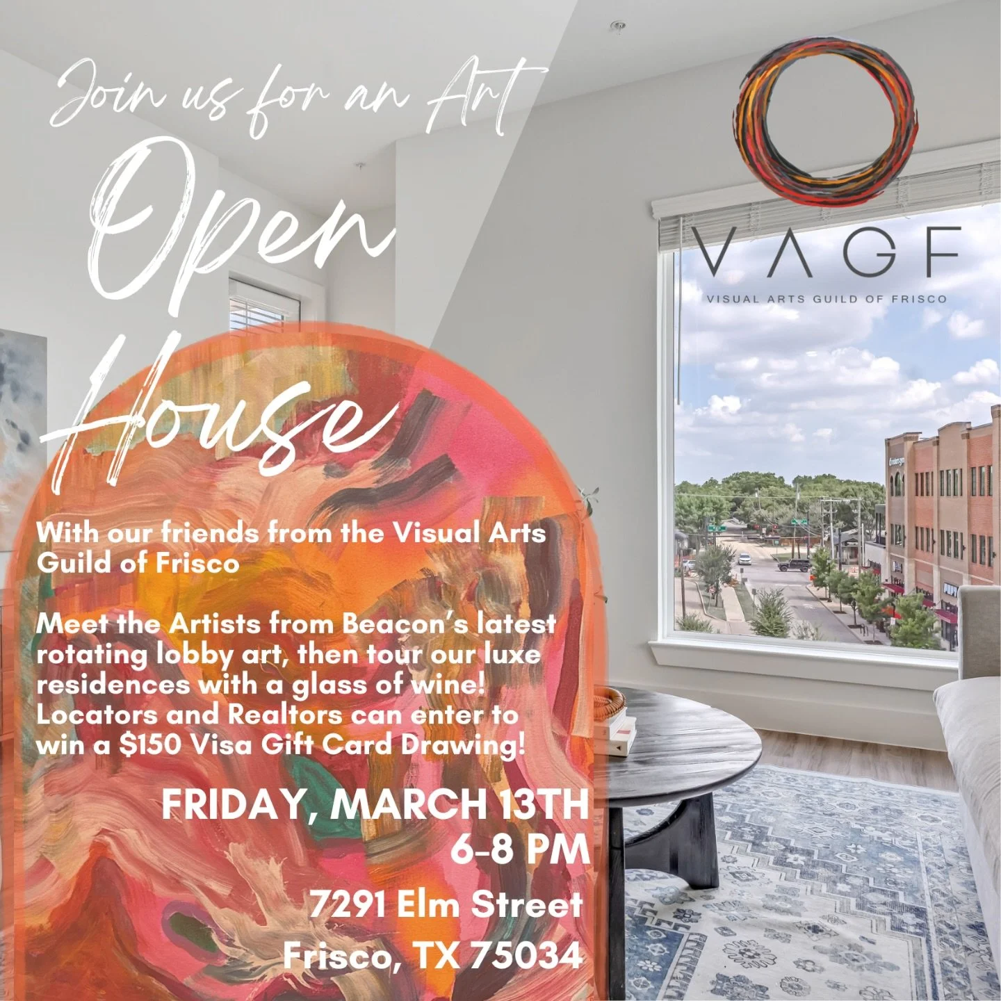 Join us next Friday, March 13th from 6 to 8 pm for wine, art and their artists from @visualartsguildoffrisco and tour the Beacon! Some of our last remaining homes are available so now&rsquo;s your chance to tour before they are all gone! 

#openhouse