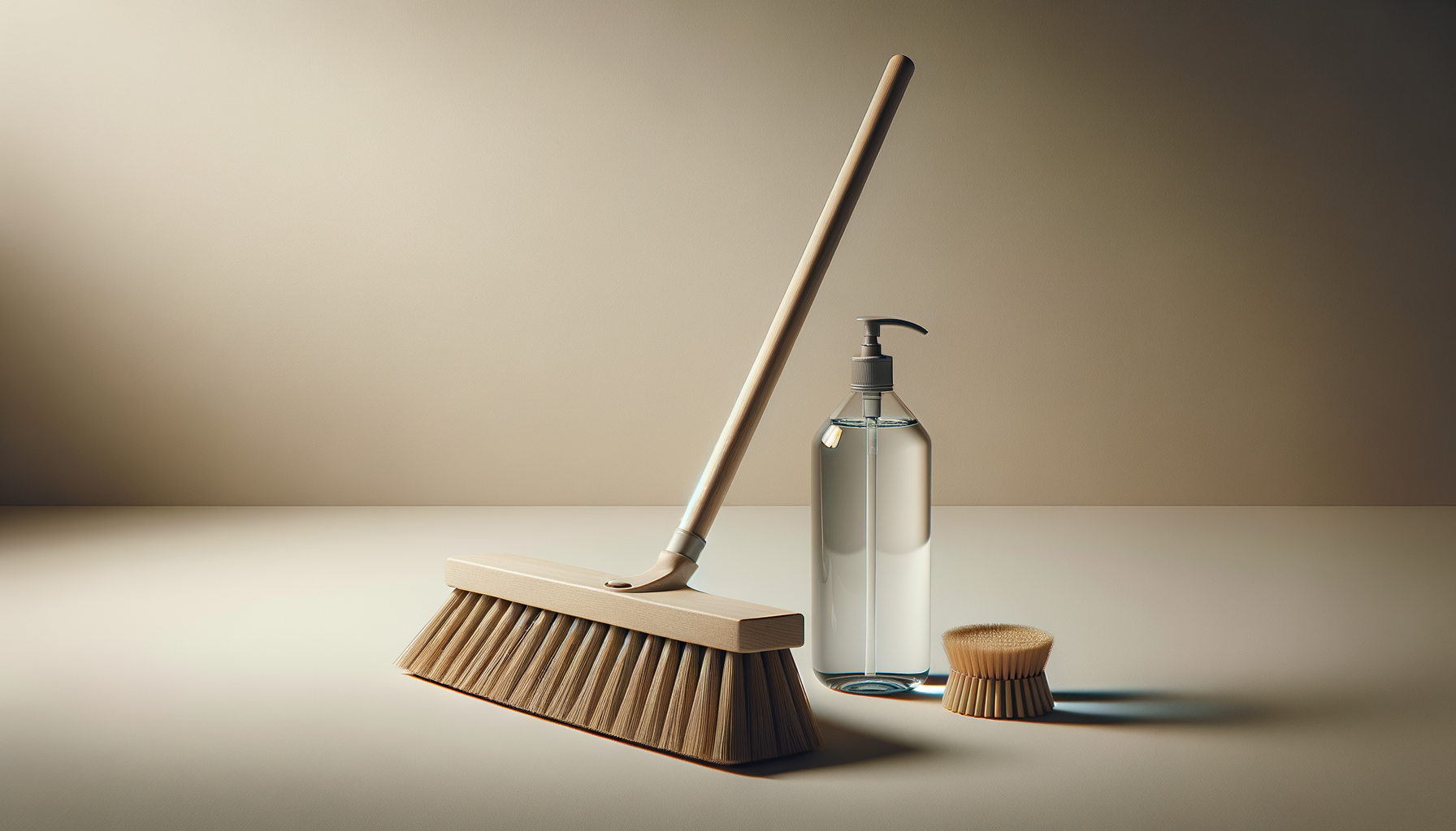 Cleaning supplies including a small wooden broom, a clear soap dispenser, and a bristle scrub brush on a beige surface with a plain, neutral background.