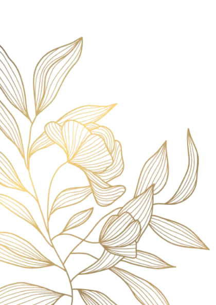 Gold floral illustration with leaves and a flower on a black background.