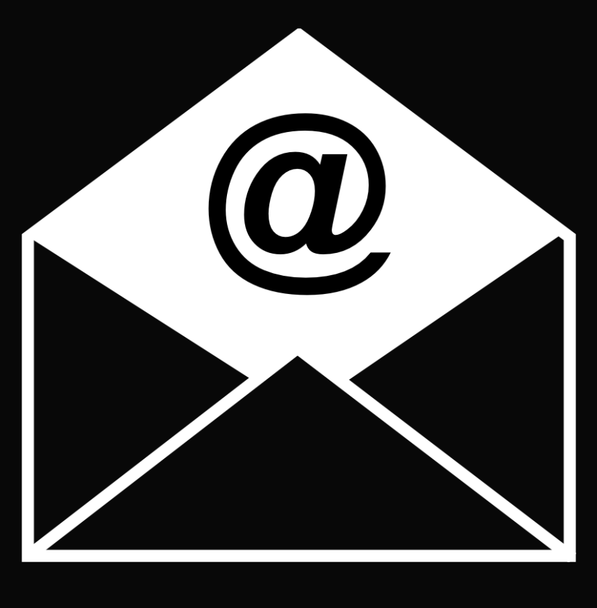 Black and white email icon with an envelope and @ symbol.