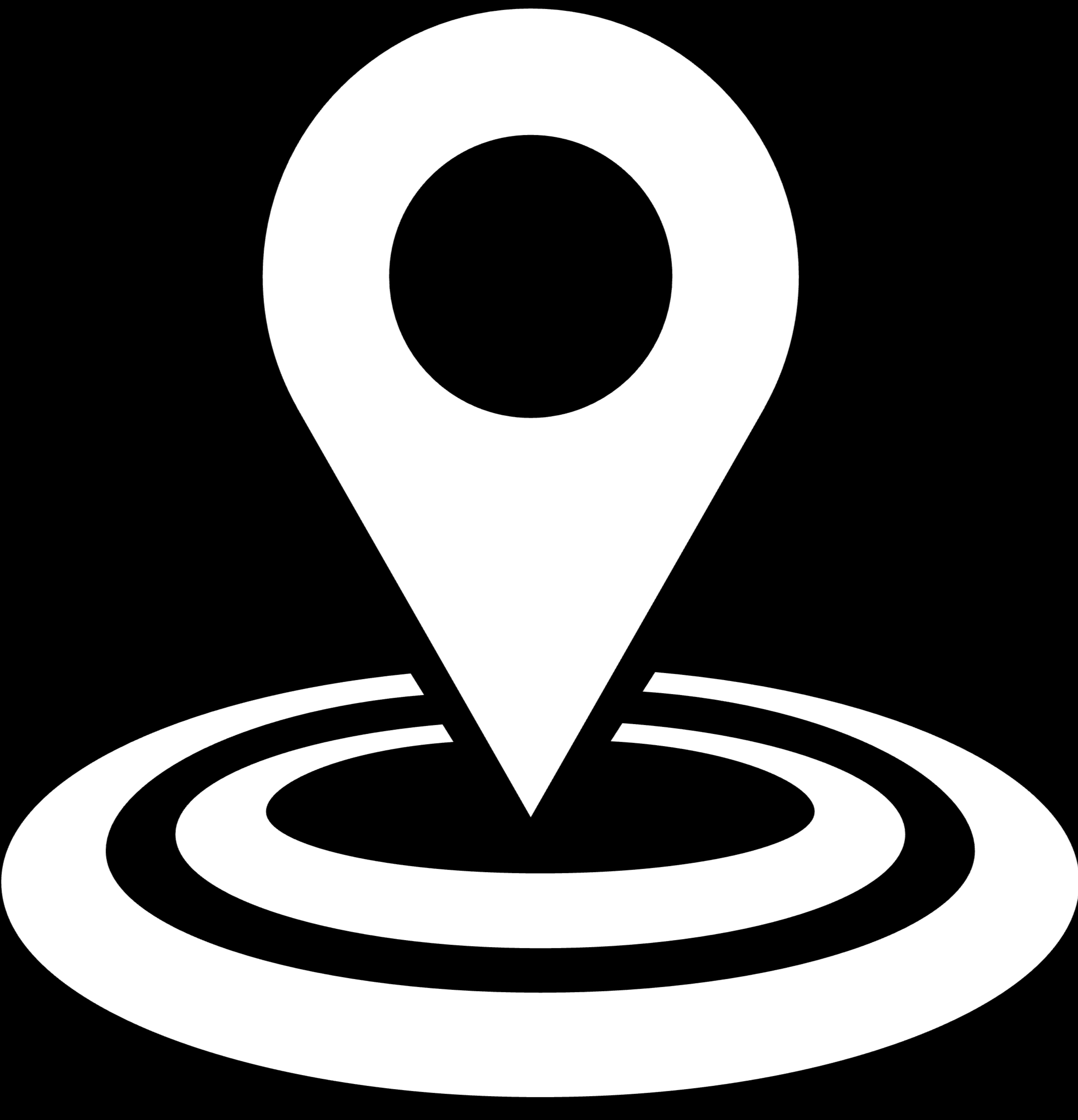 White location pin icon on black background with concentric circles.