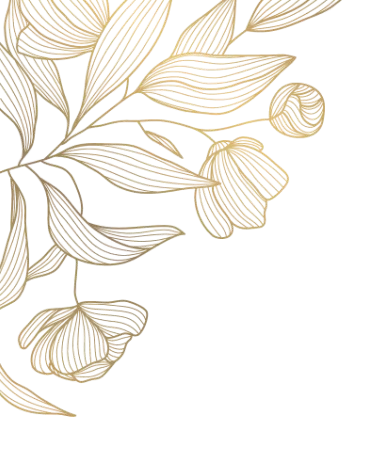 A decorative illustration of beige leaves and flowers on a black background.