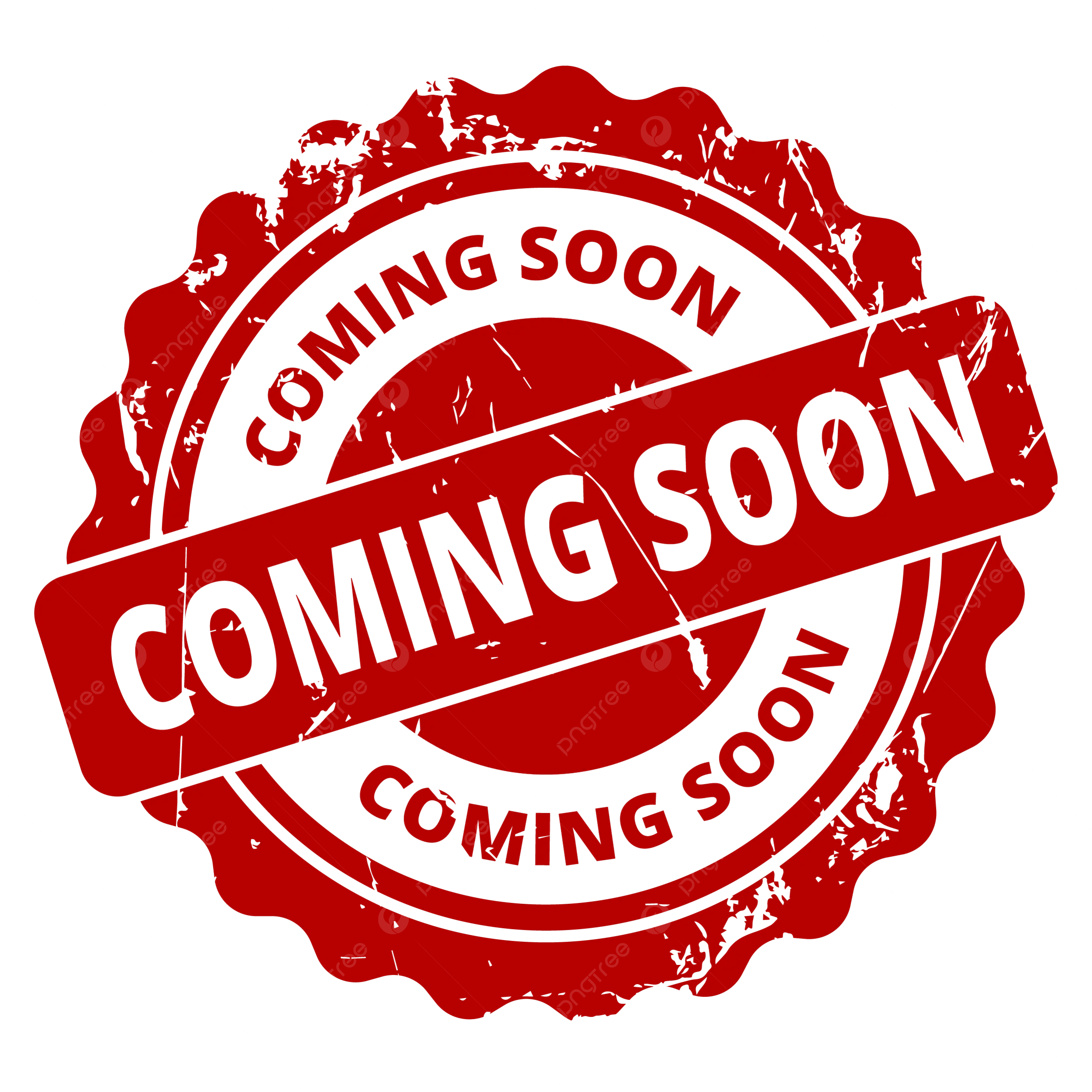 A red warning badge with the words 'COMING SOON' in the center and a distressed, cracked design on a black background.