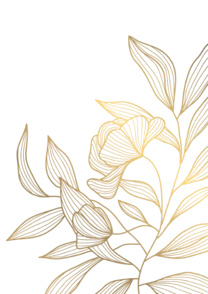Gold and beige botanical illustration of leaves and flowers on a black background.