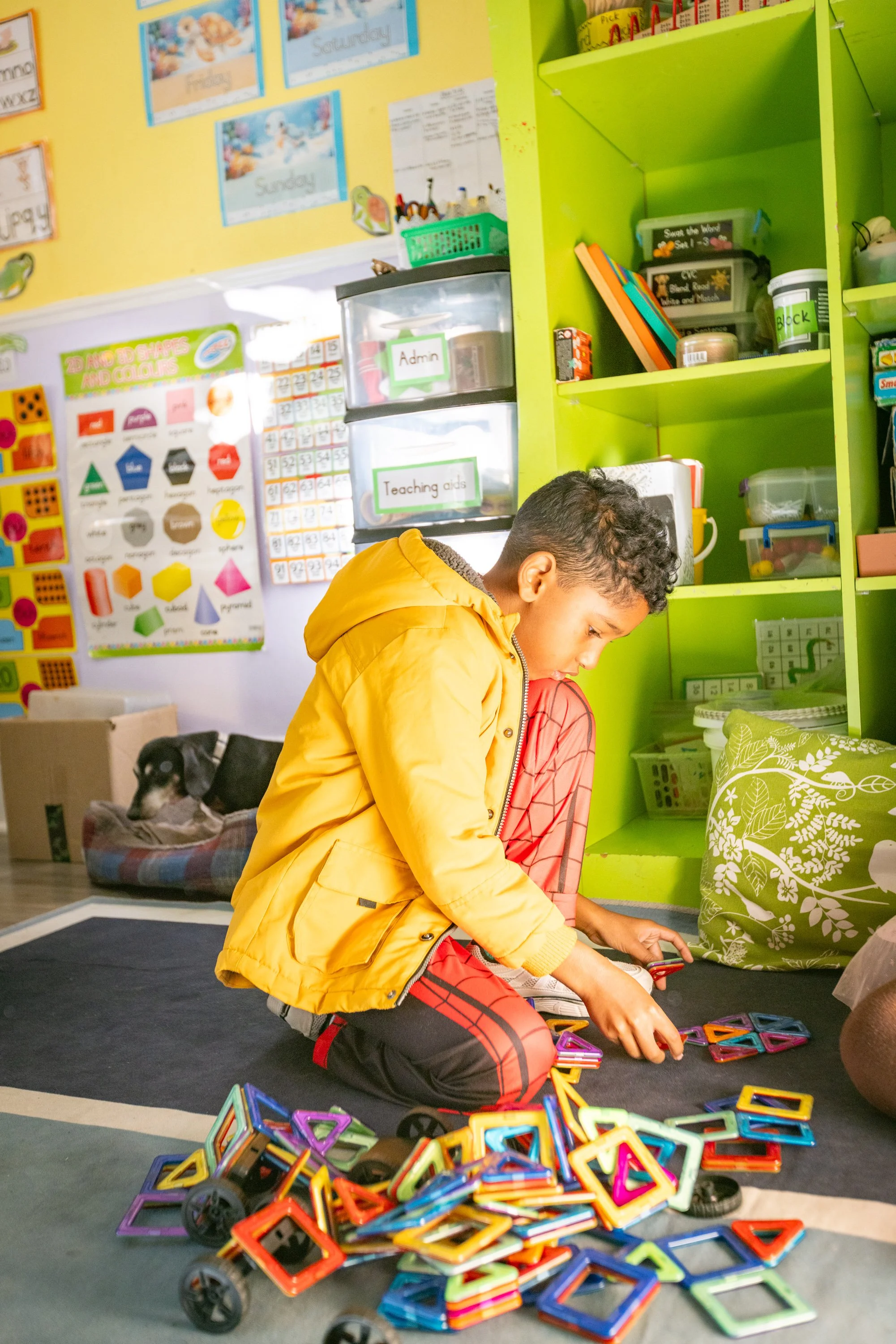A young boy with curly hair wearing a yellow jacket and red plaid pants is sitting on the floor, playing with colorful magnetic building blocks. There are more blocks scattered around him. In the background, a dog is lying in a dog bed near the wall 
