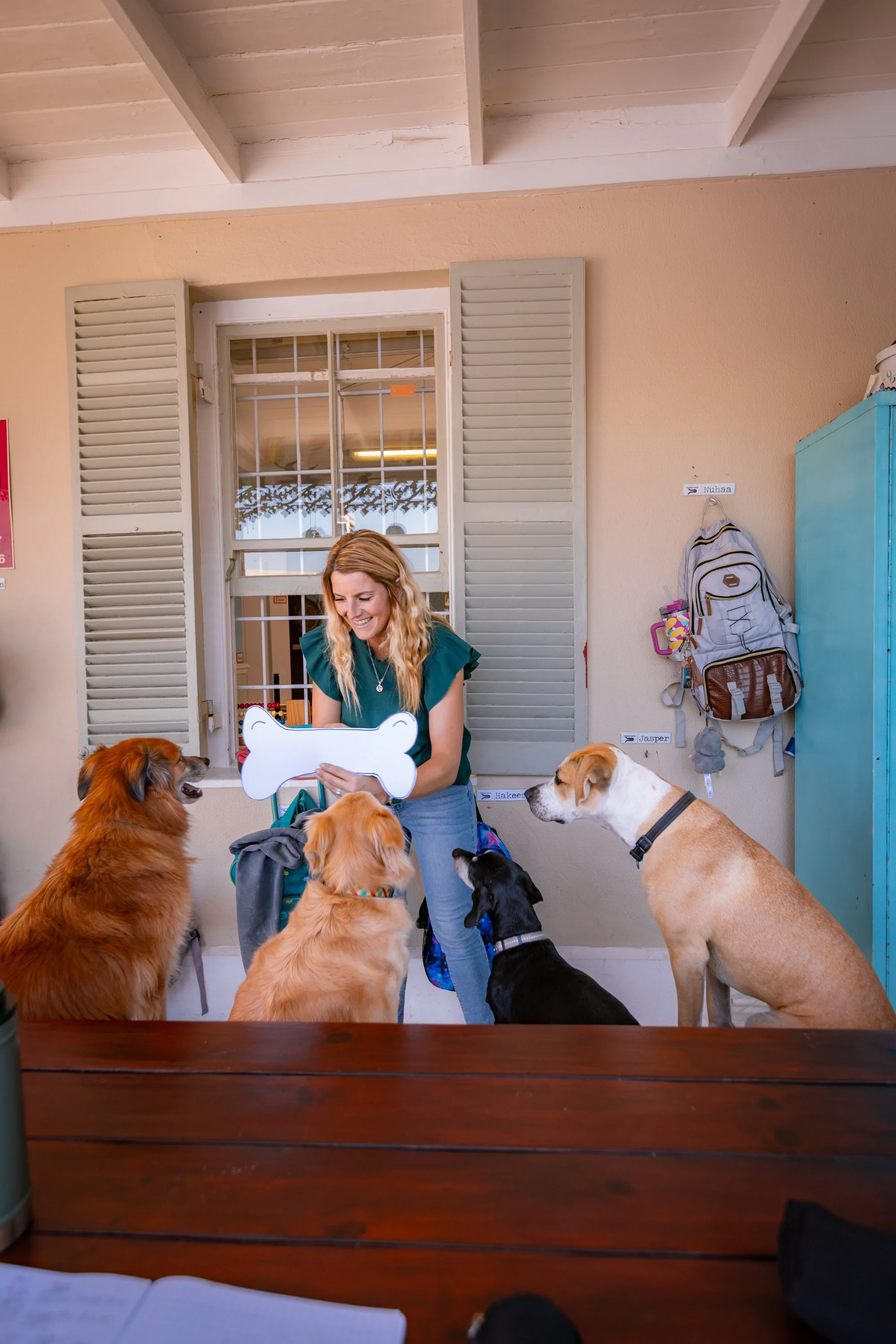 A woman with blonde hair smiling and holding a sign with a dog bone shape in a room with a white wall and a window. Several dogs of different breeds and sizes are gathered around her. There is a blue locker with a backpack hanging on it and a white n