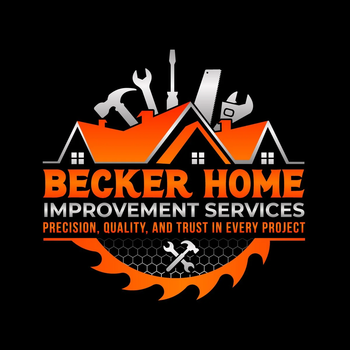 Logo for Becker Home Improvement Services featuring a house, tools, and a saw blade with the tagline 'Precision, Quality, and Trust in Every Project'.