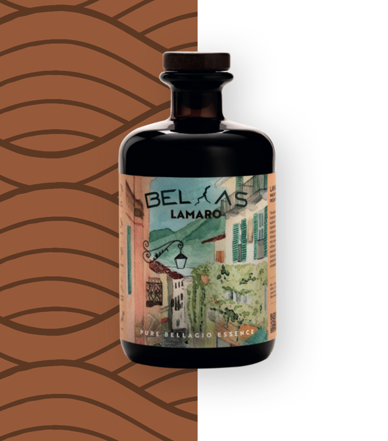 Bottiglia di cosmetico o integratore con etichetta che rappresenta un'ambientazione di un villaggio o paesaggio italiano con case colorate e vegetazione.