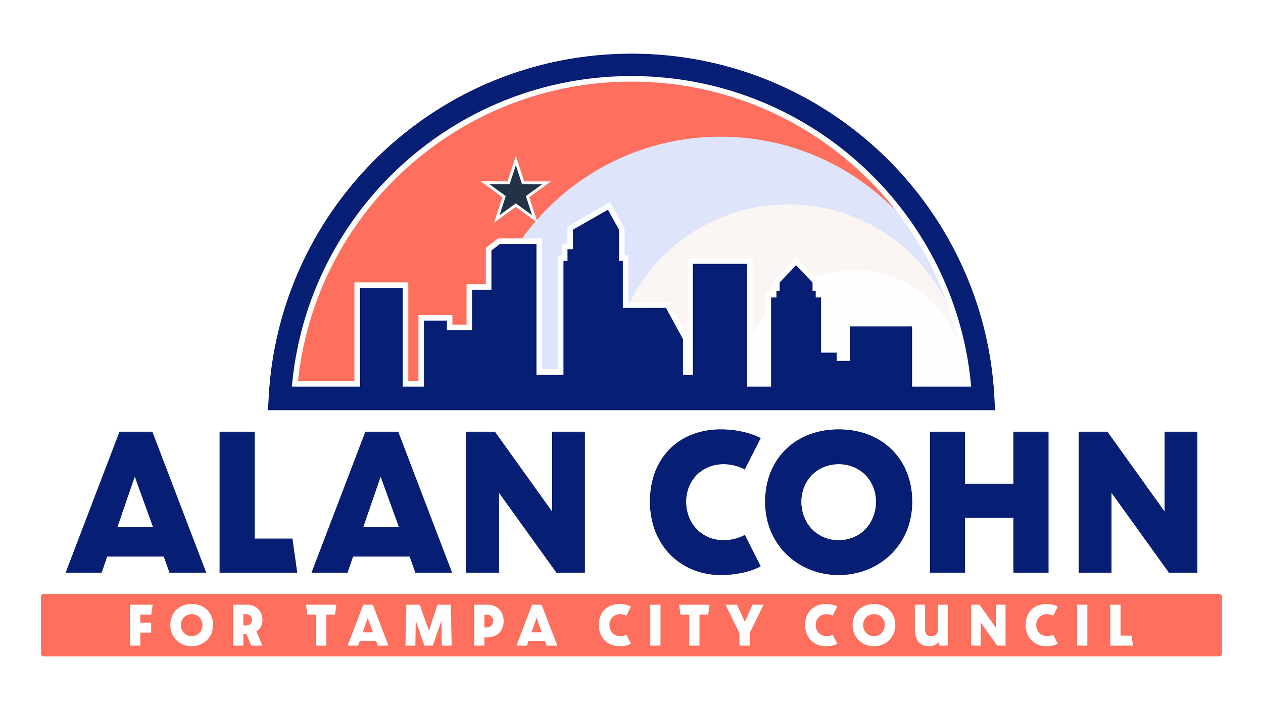 Political campaign logo for Alan Cohen with a city skyline and red, white, and blue color scheme, supporting Tampa City Council.