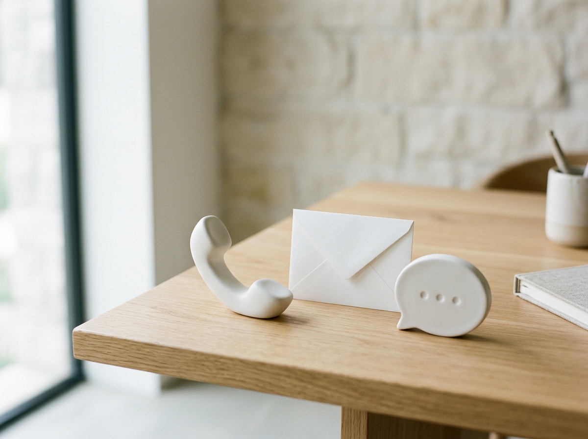 Decorative white ceramic phone receiver, envelope-shaped note, and speech bubble-shaped note on wooden table by window.