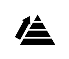 Black arrow pointing upward next to a stylized black pyramid with steps