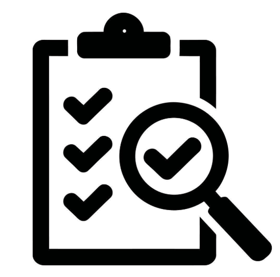 Icon of a checklist on a clipboard with a magnifying glass highlighting a checkmark.