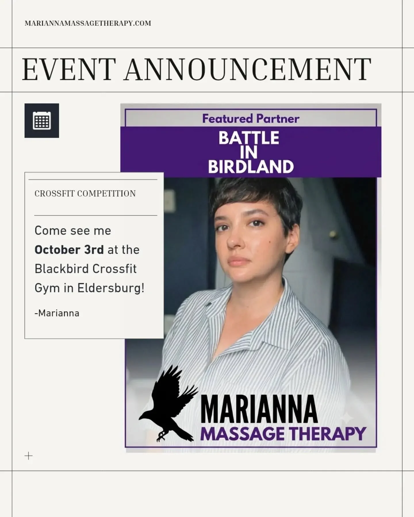 Battle in Birdland starts October 3rd! I'll be supporting the CrossFit athletes as they compete as well as any spectators. Come see me! 
#crossfit #massagetherapy #eldersburgmd