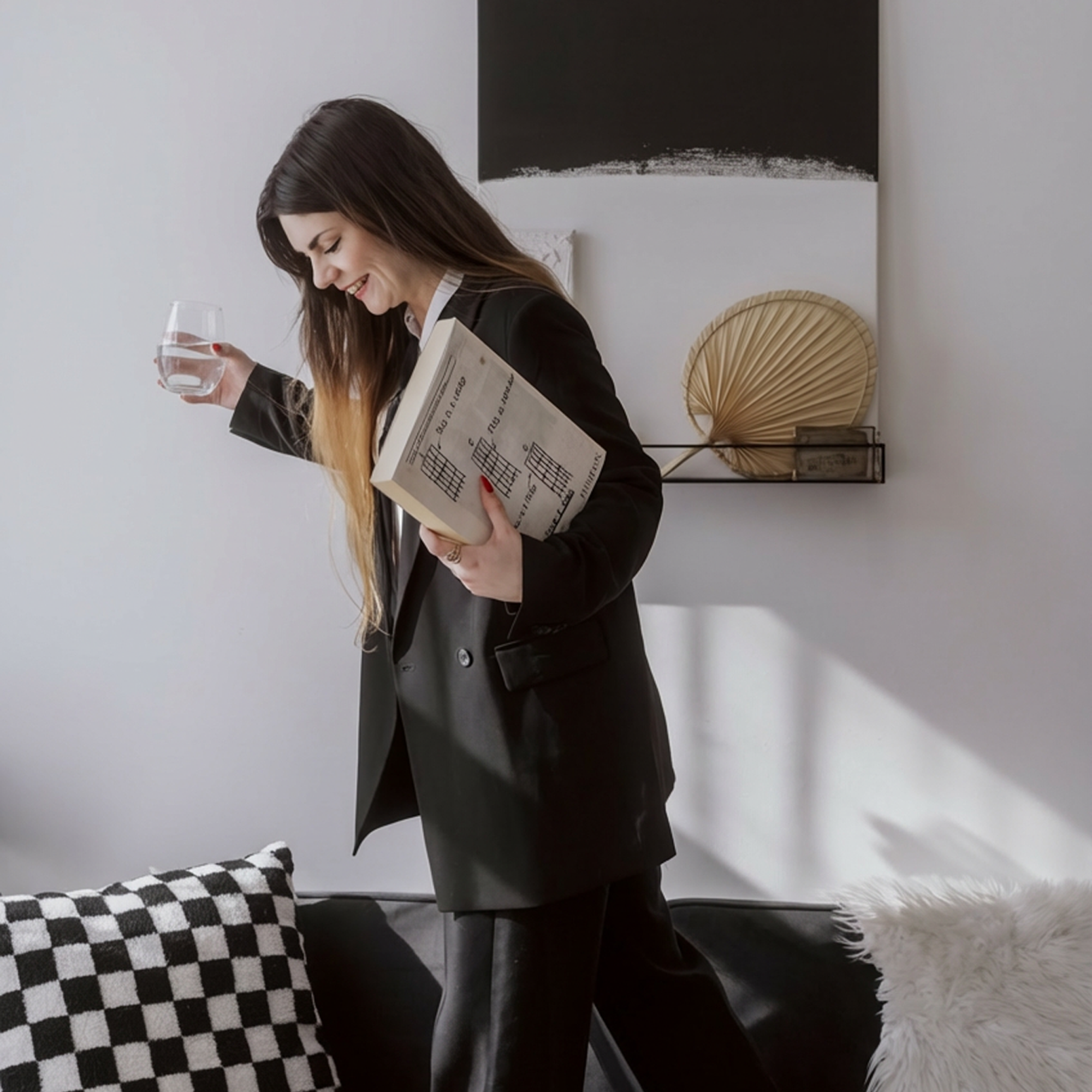 A woman with long brown hair wearing a black blazer, holding a notebook and a glass of water, smiling and looking down, in a modern minimalistic room with wall art, a wicker fan decoration, a furry white rug, and a black-and-white checkered blanket on a sofa.