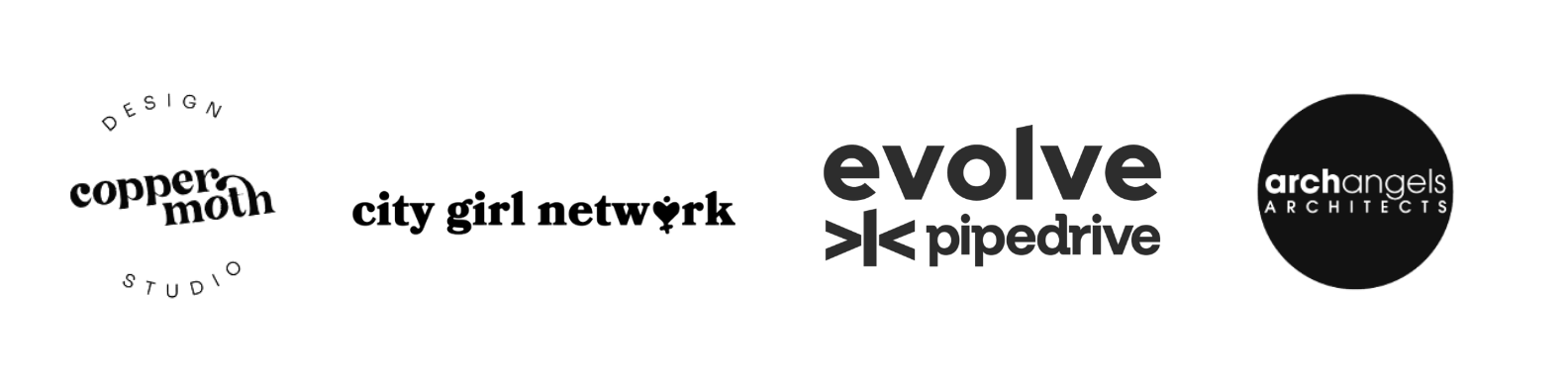 Logos of different architectural and design companies, including Copper Moon Studios, Evolve, Pipedrive, and Archones Architects.