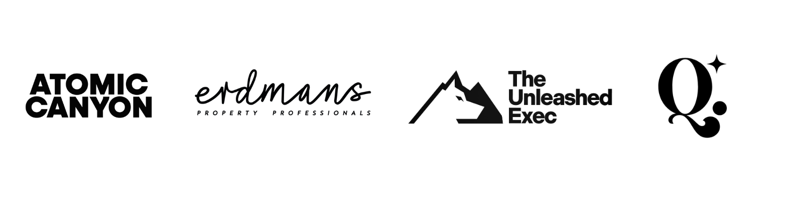 Black and white logos of various brands and companies, including Atomic Canyon, Erdmans, The Unleashed Exec, and a mountain graphic.
