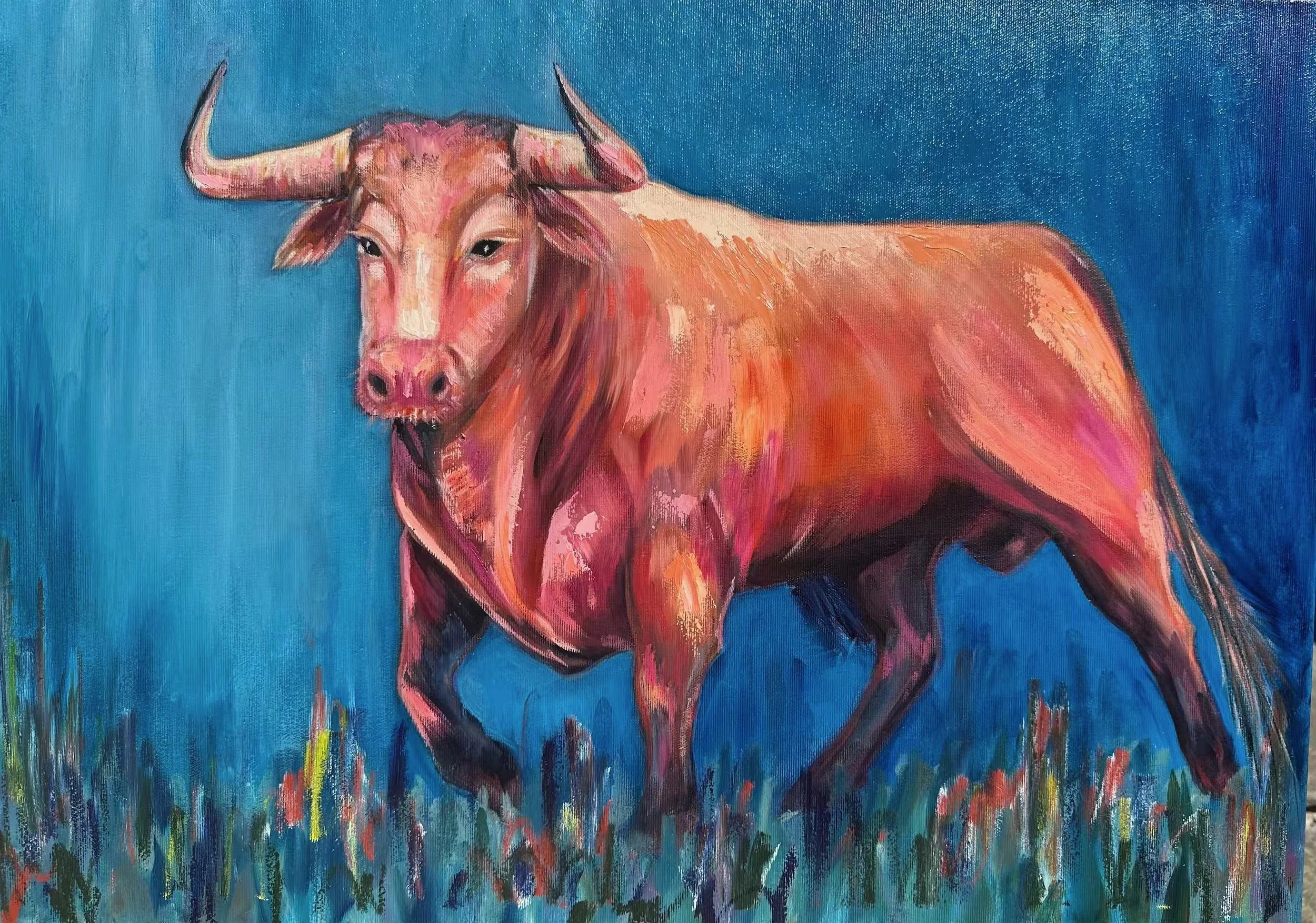 Kraft sammeln, Originalbild, Stier, Oel auf Leinwand, 50x70x4.5cm