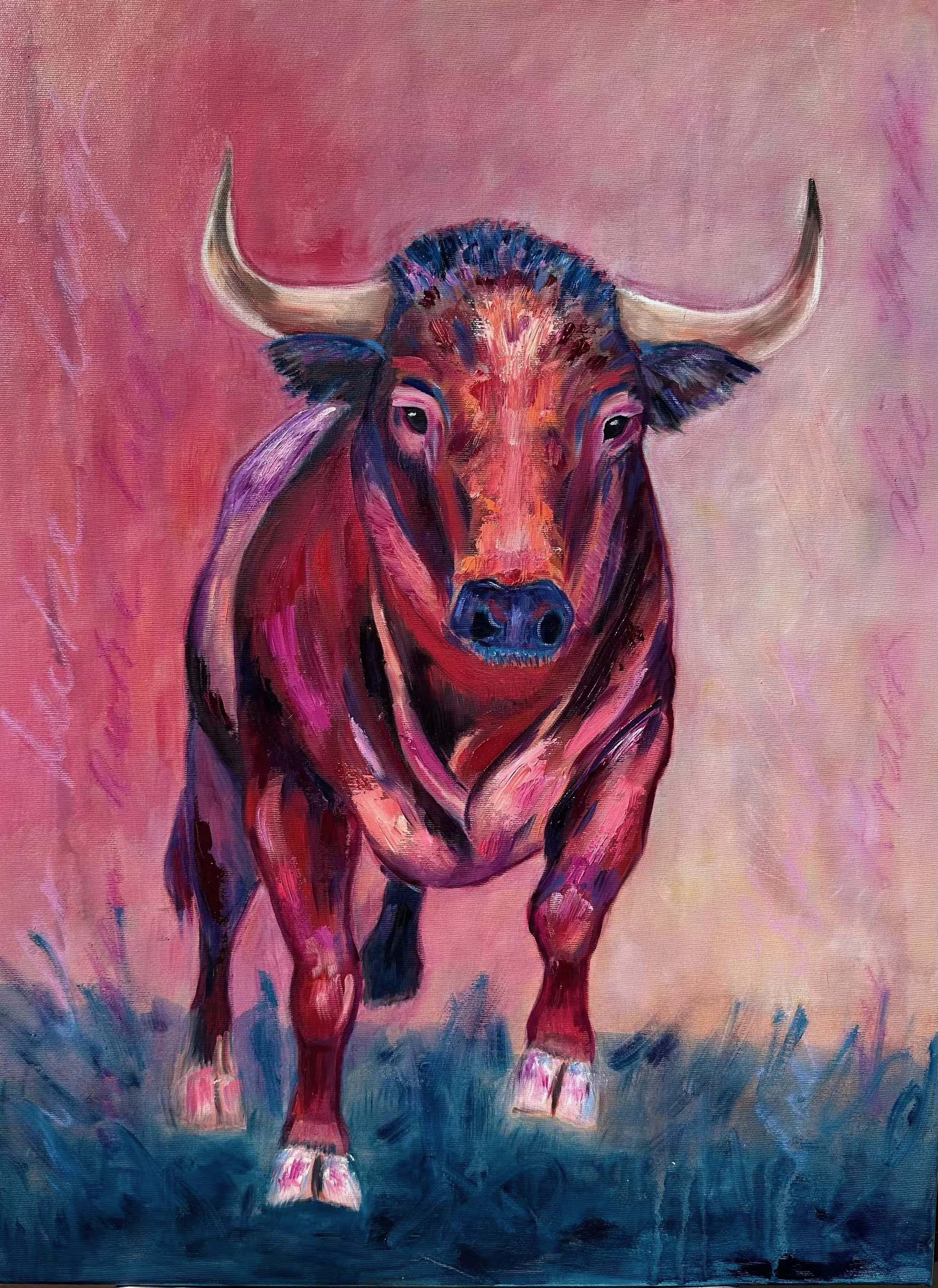 Kraftvoll und souverän, Originalbild, Stier, Oel, Mischtechnik auf Leinwand, 80x60x2cm