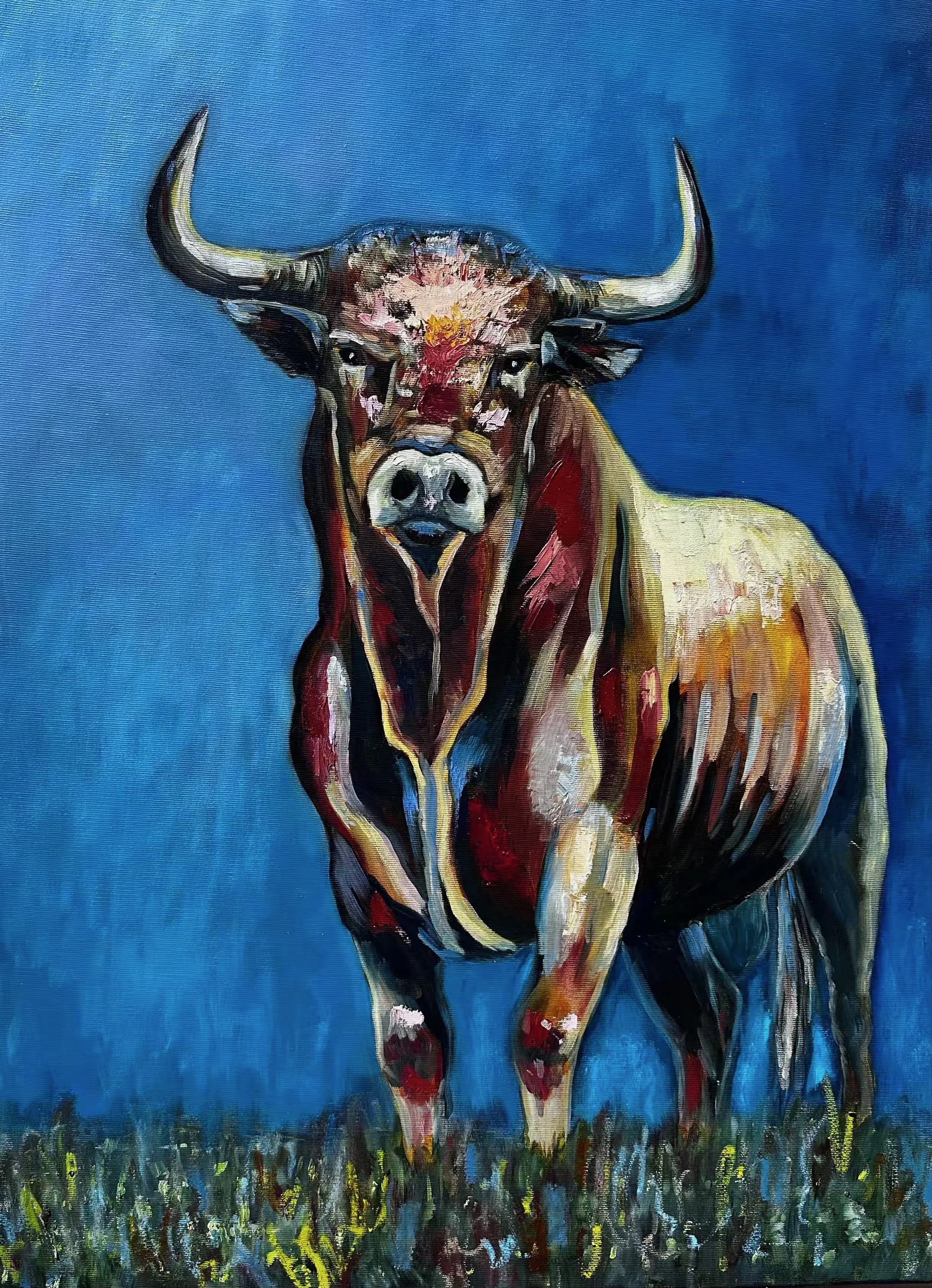 Seht her, ich bin's, blau, Stier, Original Bild, Stier Öl auf Leinwand, 80x60x2cm