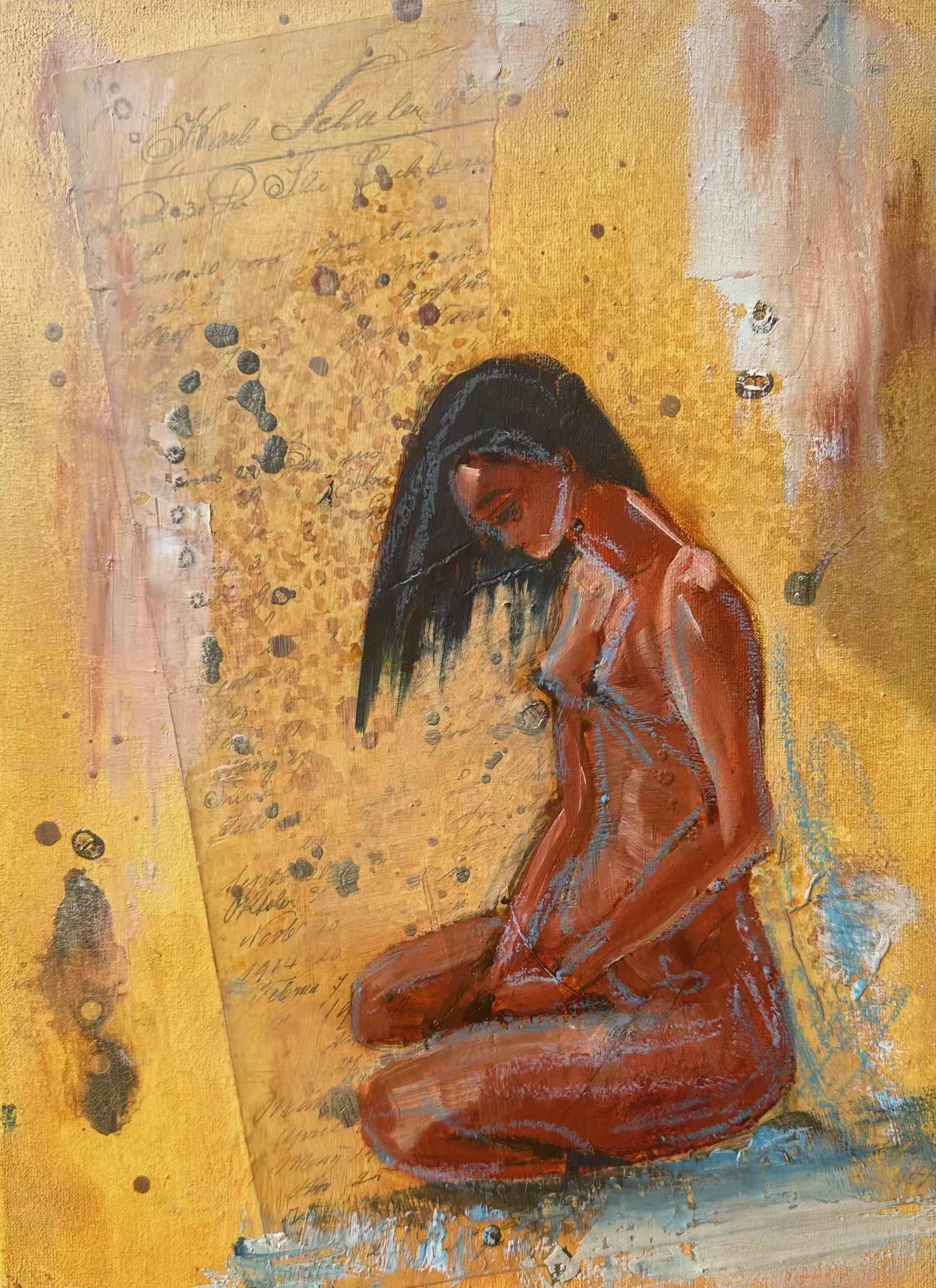 "Soll und Haben" 3 - Oel über Collage/Mischtechnik auf Leinwand. Originalbild. 40x30x2cm